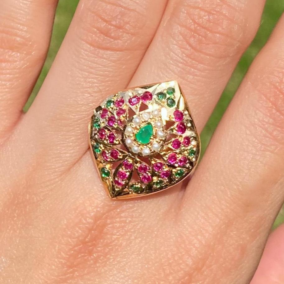 delicate ruby emerald pearl ring