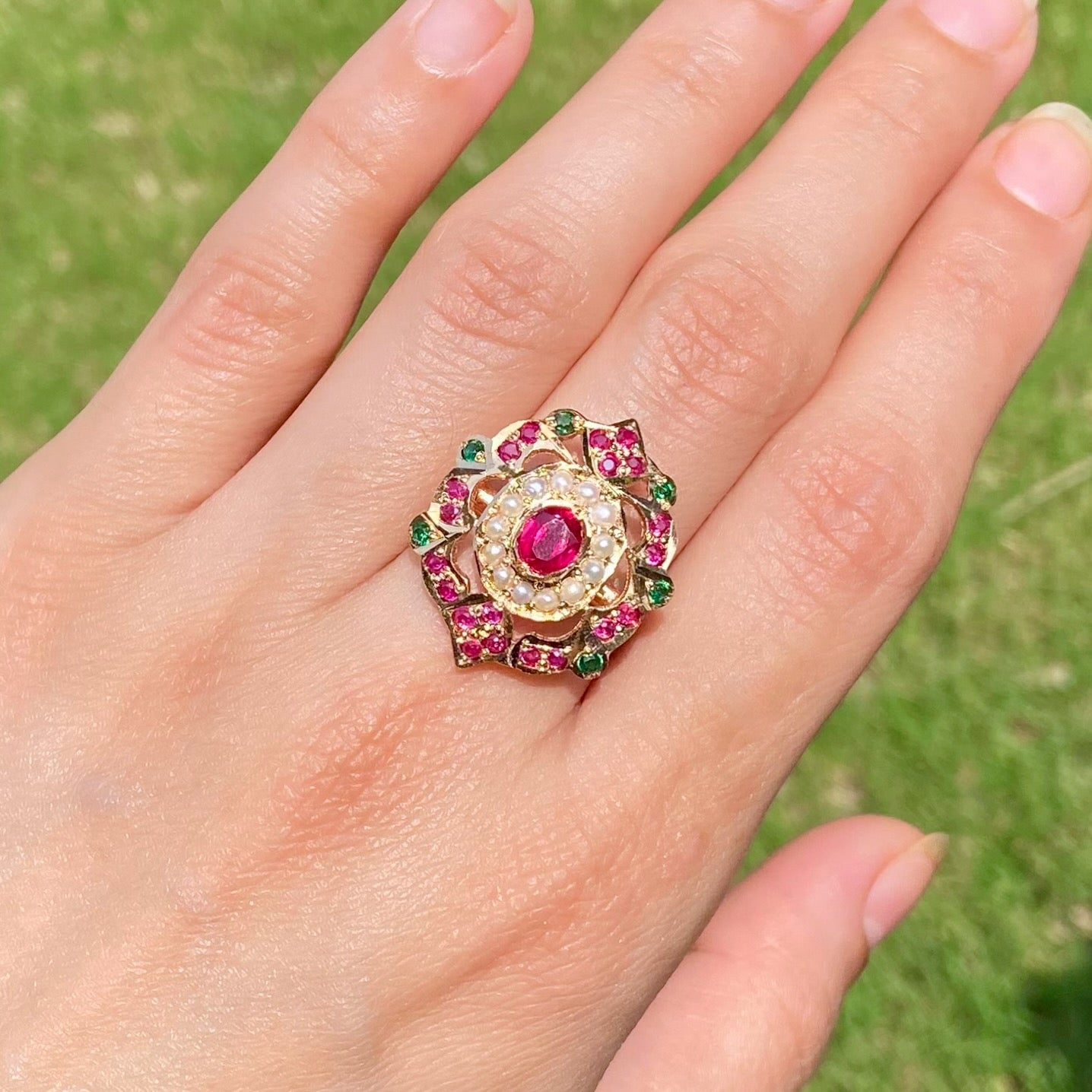 Ruby Emerald Pearl Jadau Ring | LR 043