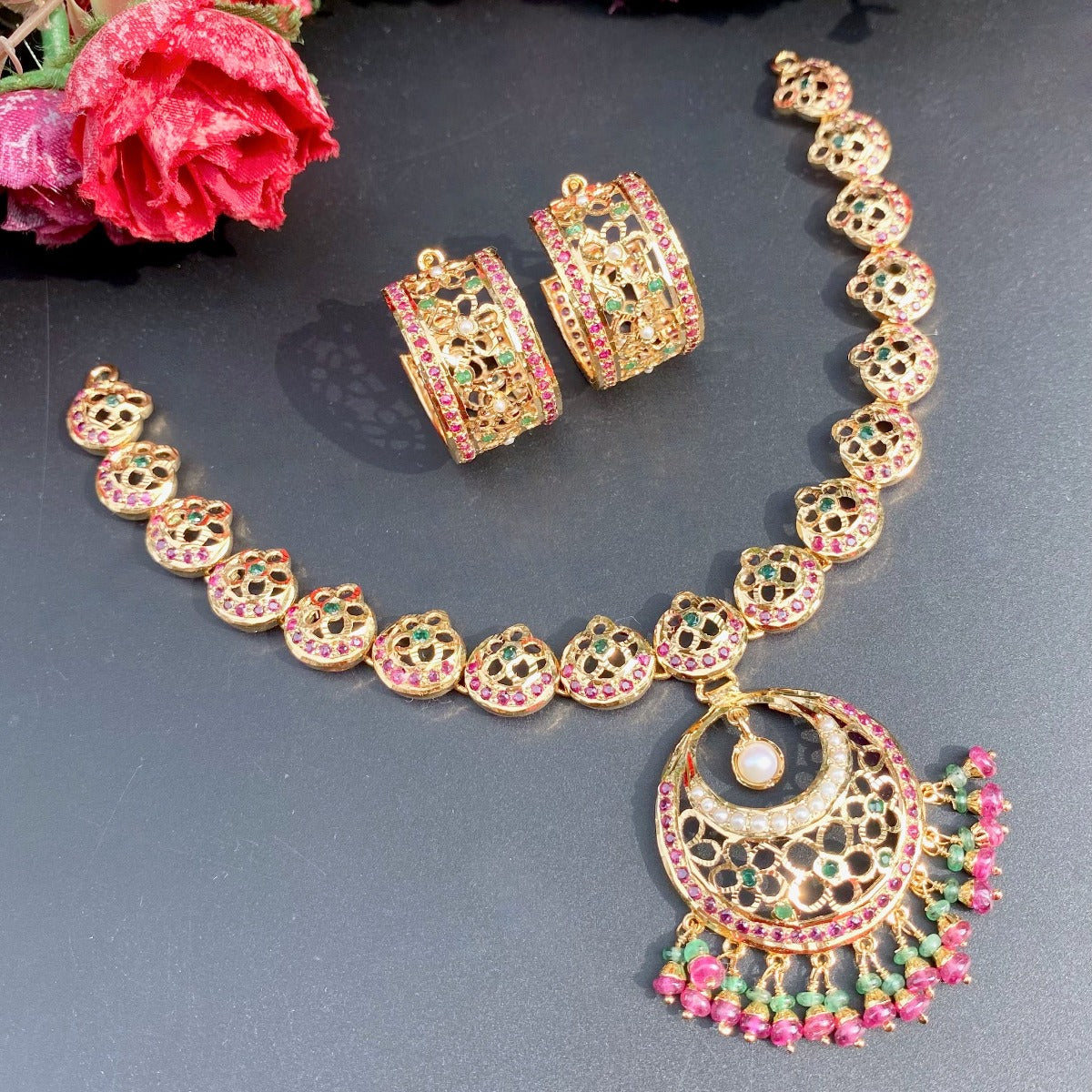 rajasthani set on silver with gold plating