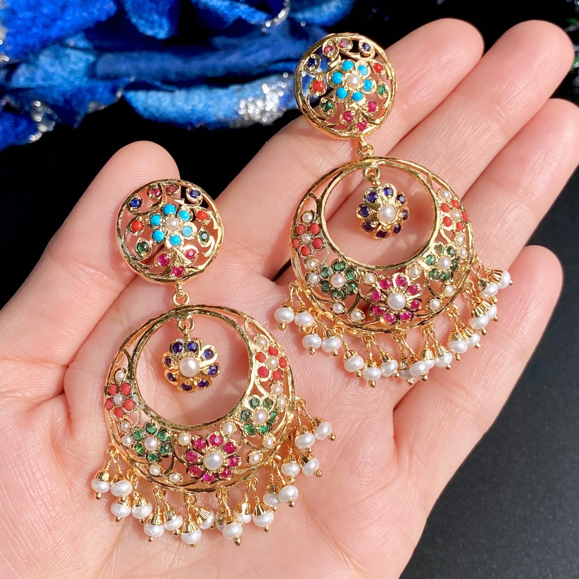 Navratna Jadau Chandbali Earrings | Mixed Metal Base BER 123