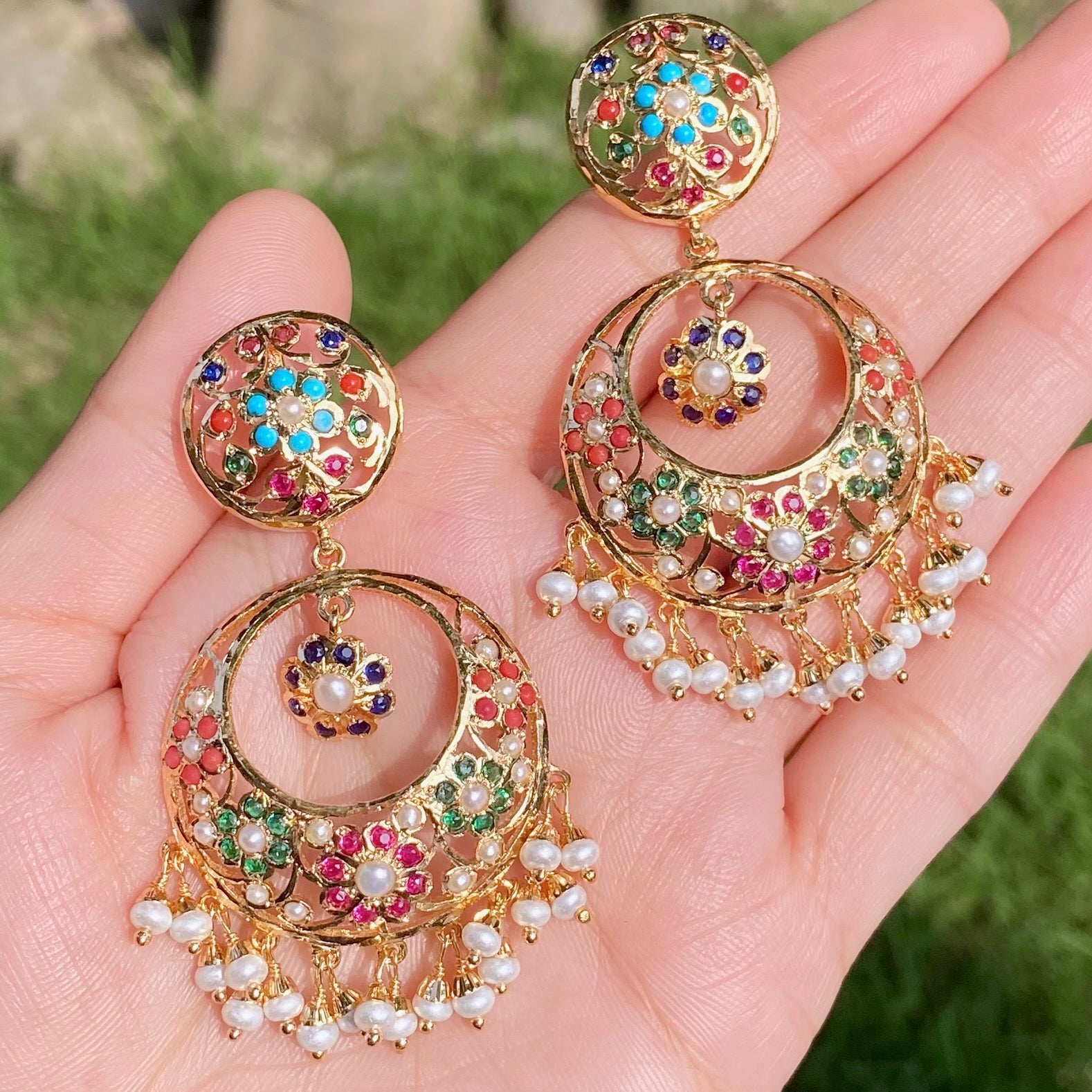 Navratna Jadau Chandbali Earrings | Mixed Metal Base BER 123