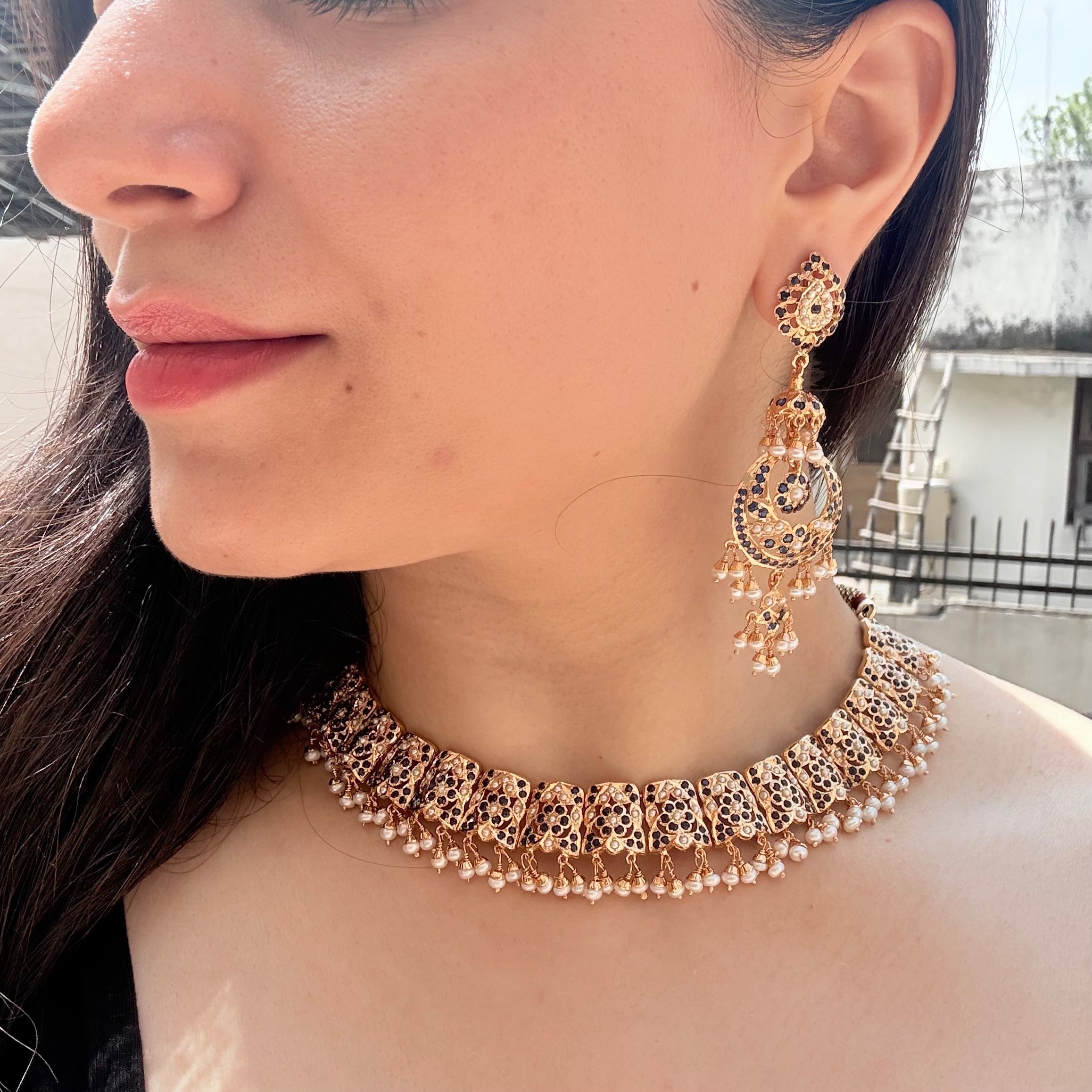 Classic Jadau Necklace Set in Gold-Plated silver |  Deep Blue Stones and Fine Pearl Detailing NS 459