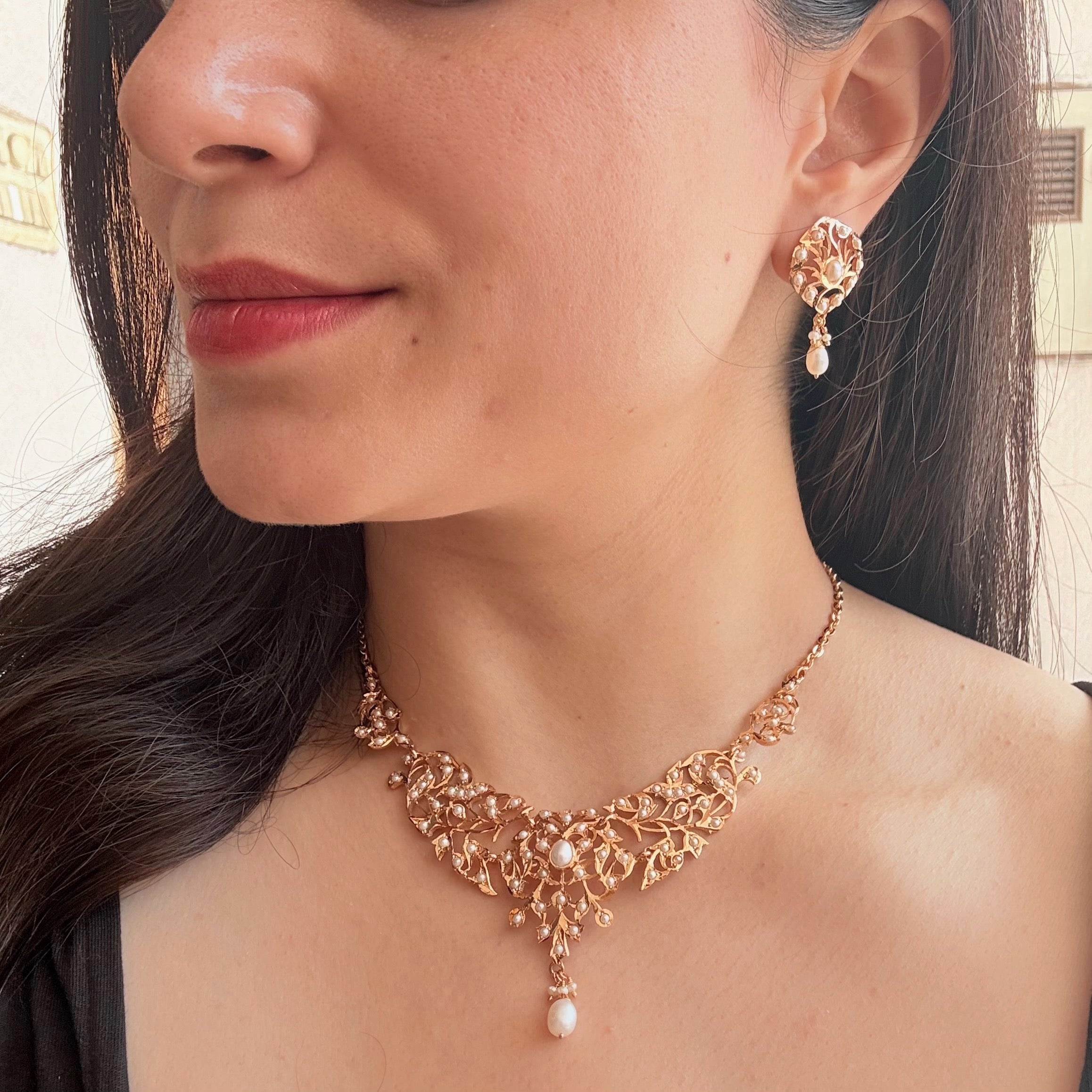 Delicate Pearl Floral Jadau Necklace Set | Gold Plated on 925 Silver NS 460