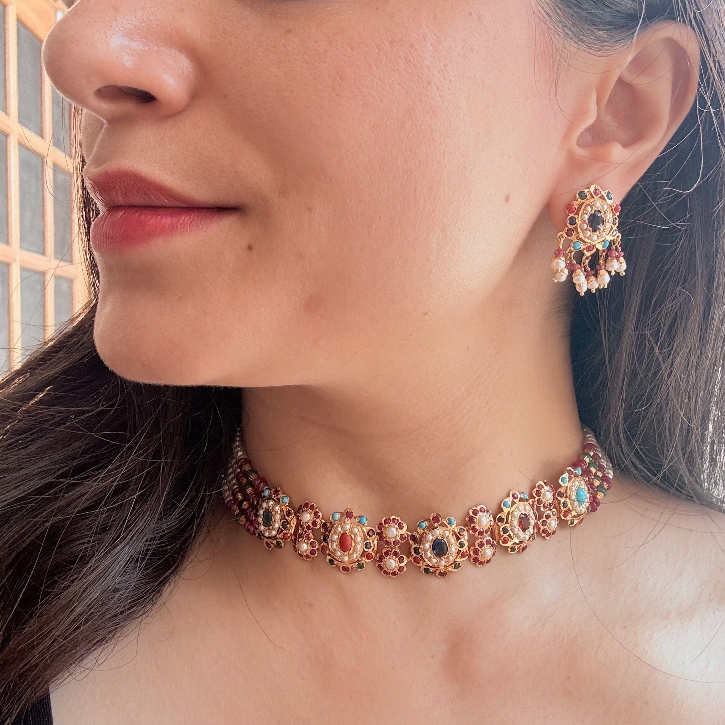 Floral Navratna Pearl Choker Set | Gold Plated Silver NS 472