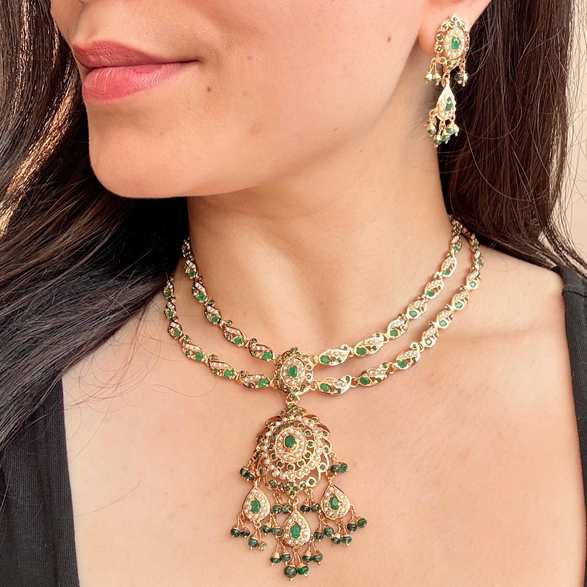 Intricate Jadau Necklace Set in 925 Silver Base | Pearl & Emerald Green Combination NS 451