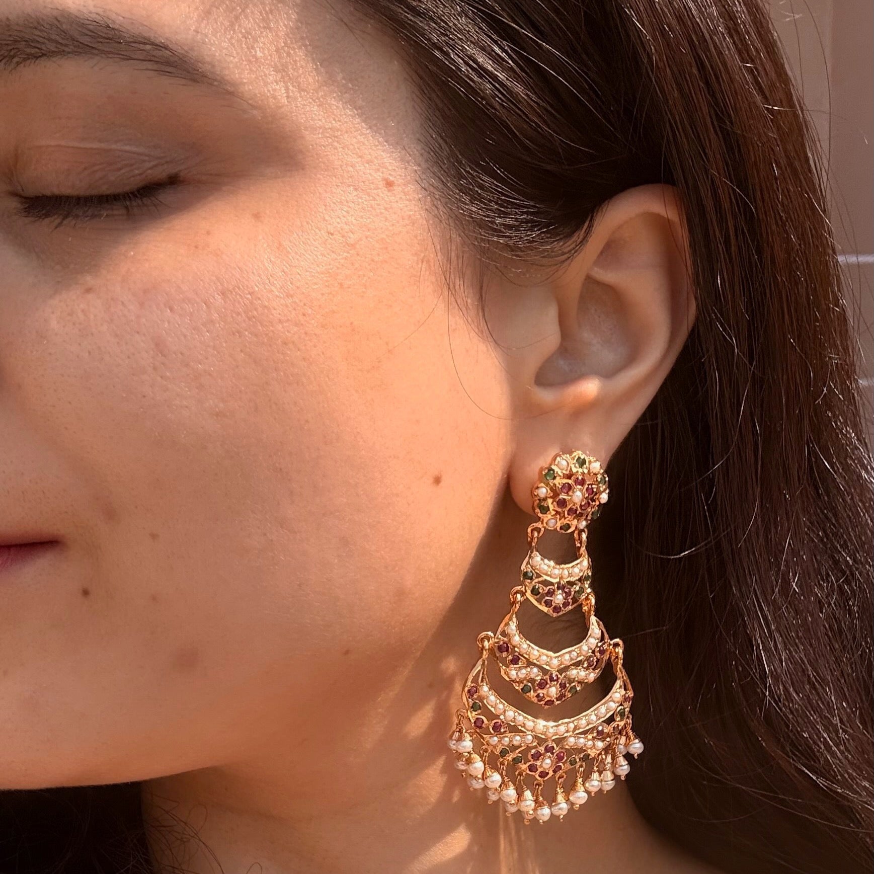 Ruby-Green Pearl Three-Tier Chandbali Earrings | Gold Plated on Silver ER 703