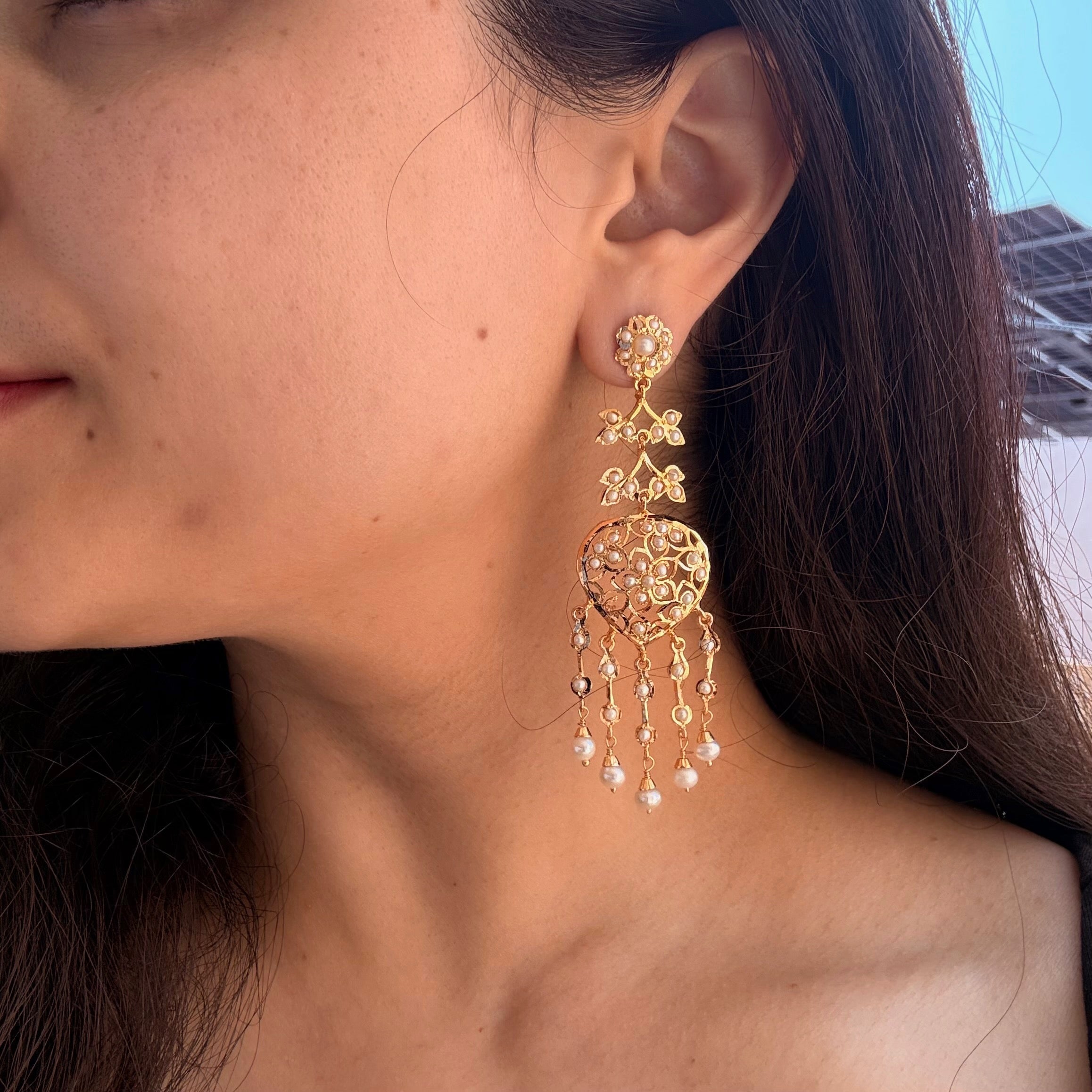 Ethnic Styled Pearl Long Earrings | Gold Plated on Sterling Silver ER 698