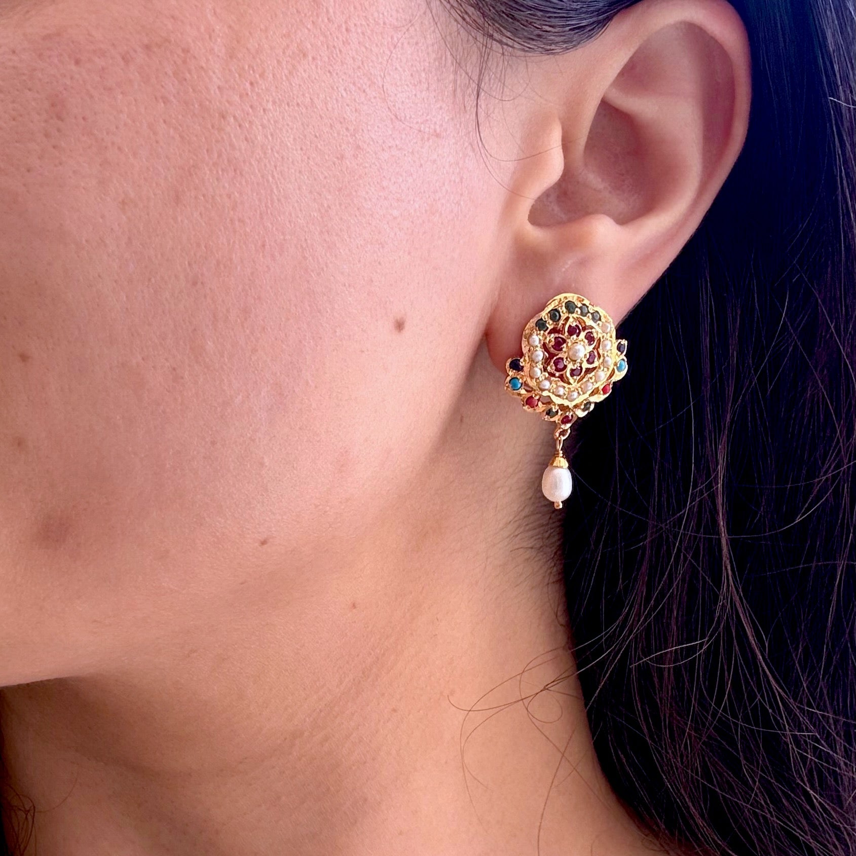 Navratna Pearl Floral Stud Earrings | Gold Plated Silver ER 710