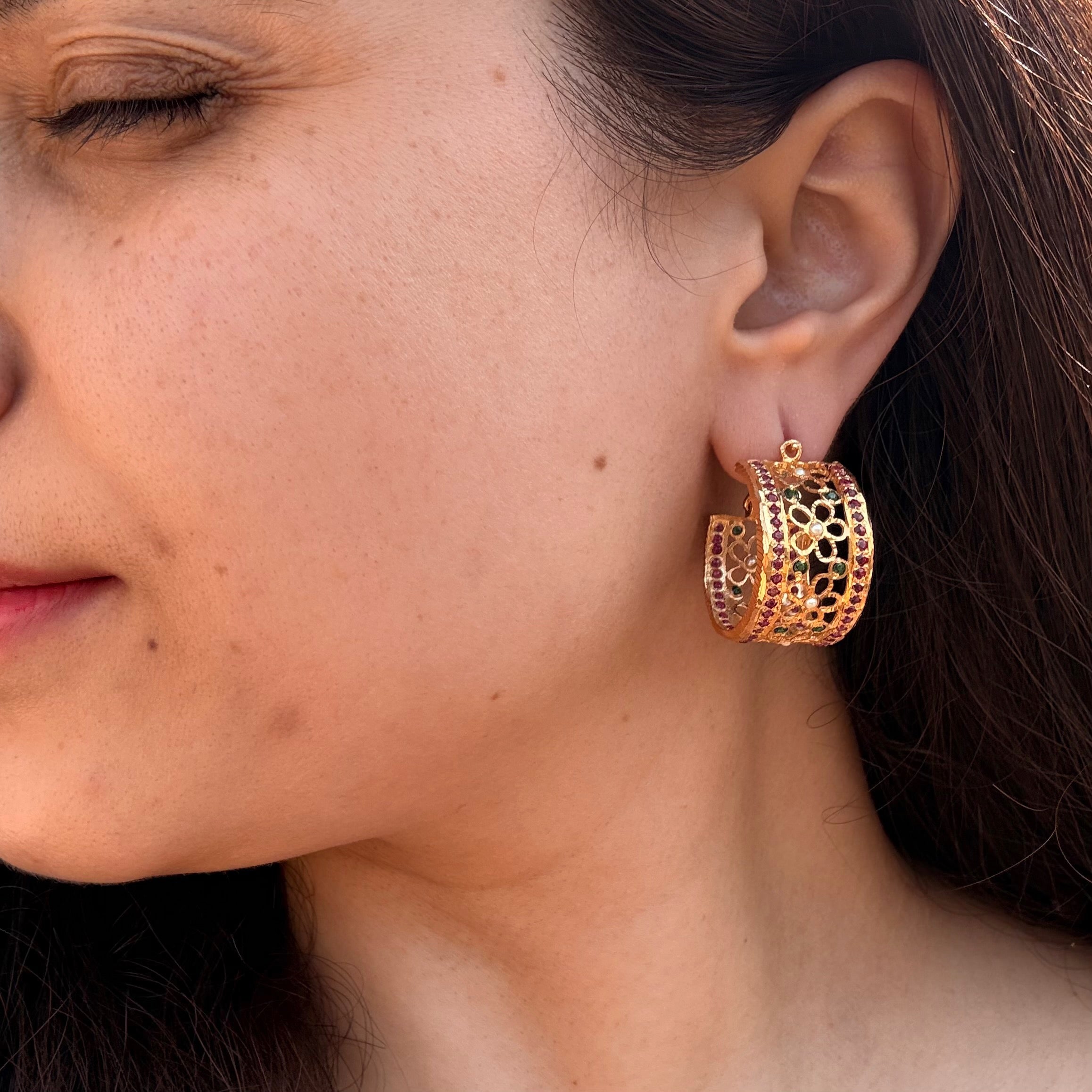 Ruby-Green Floral Jadau Hoop Earrings | Gold Plated Silver ER 709
