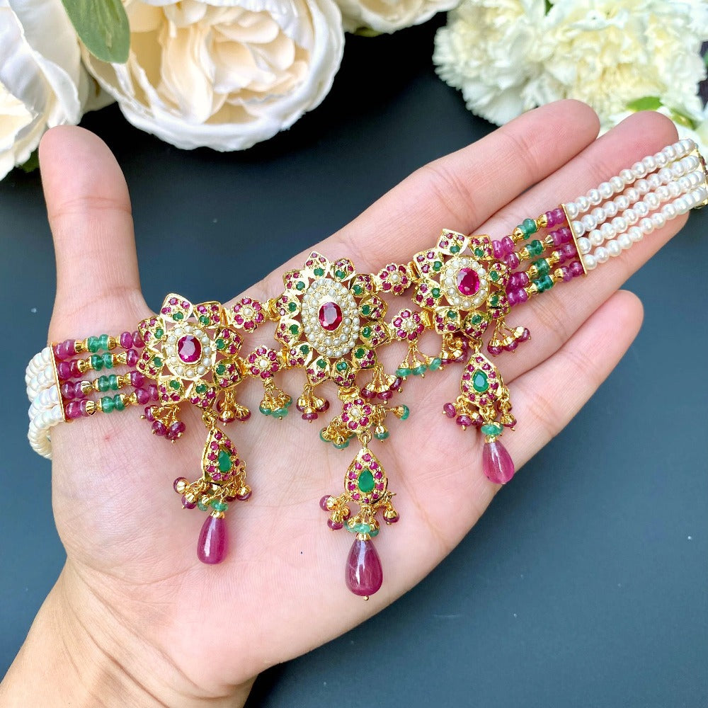 Multicolored Choker Set with ruby drops in Gold Polished Sterling Silver NS 169A