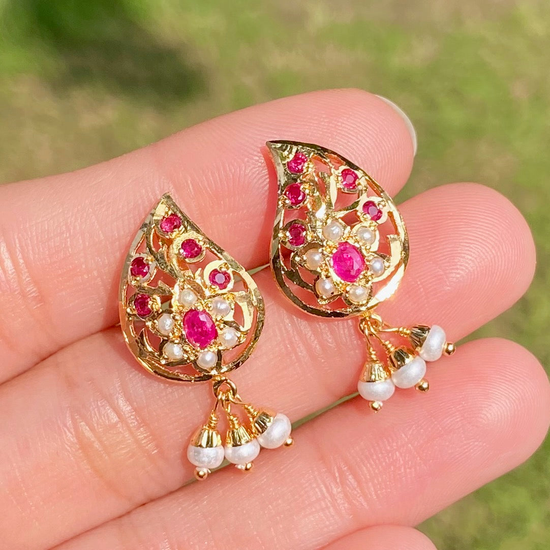 Ruby Pearl Jadau Studs | Gold Plated on Mixed Metal Base BER 107