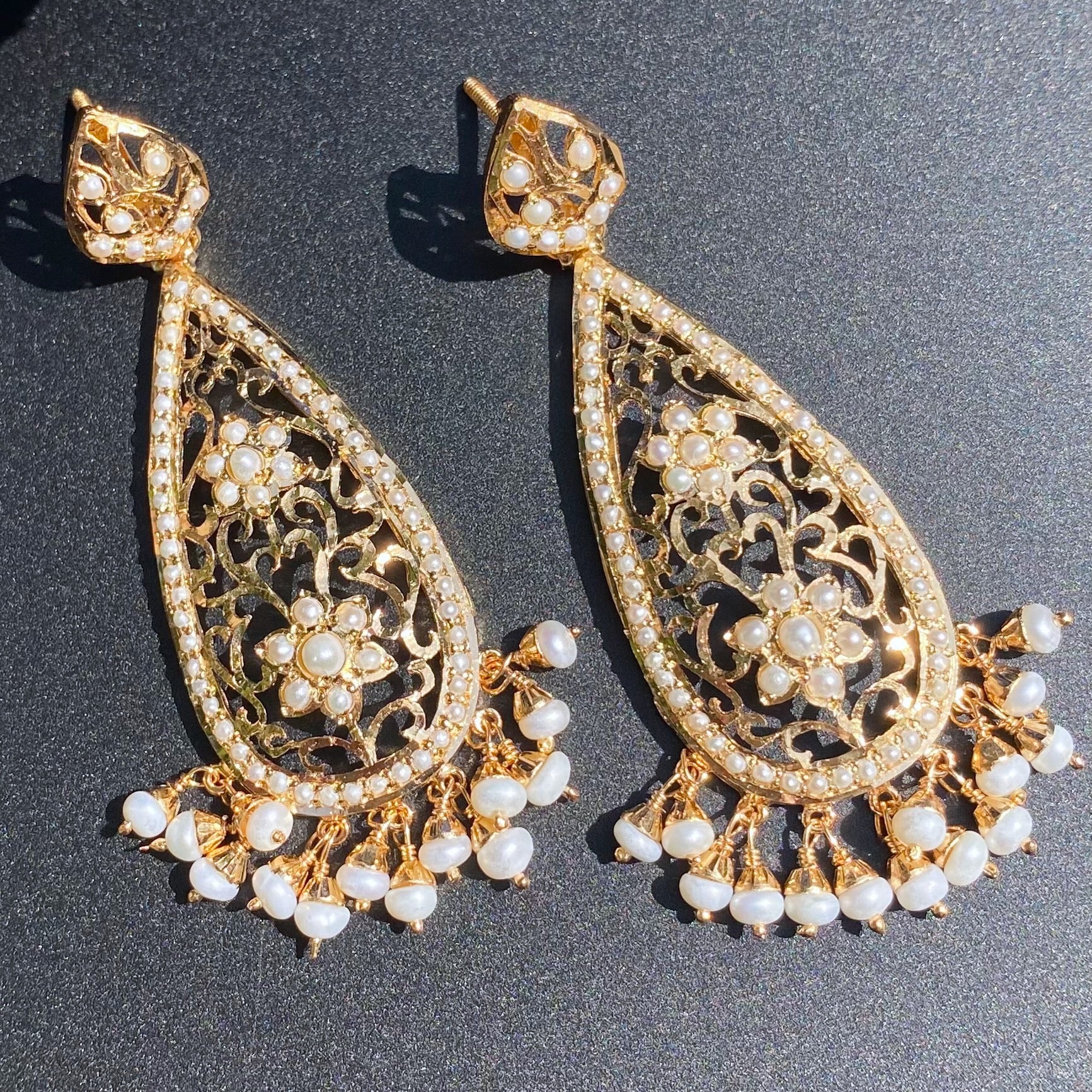 Drop Shaped Pearl Earrings | Gold Plated on Silver | Jadau Danglers ER 654