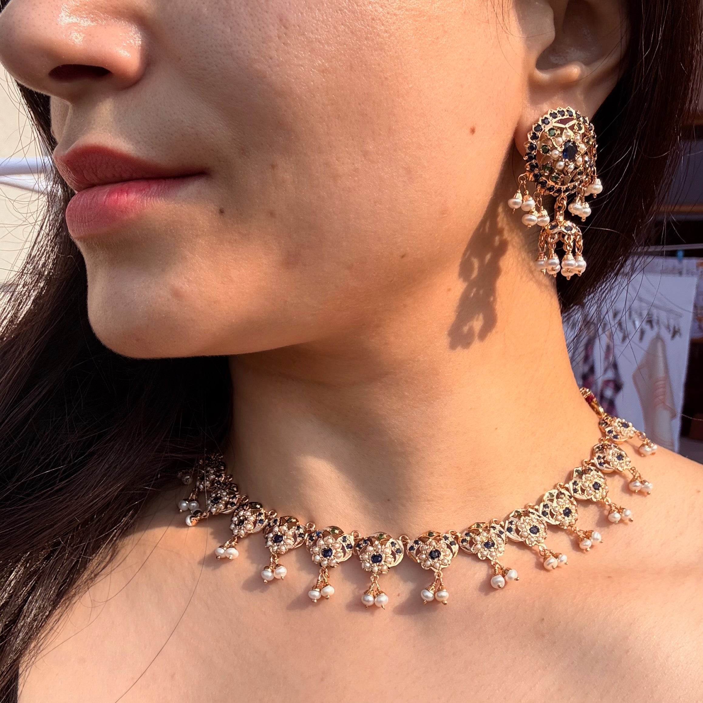 Sapphire-Blue Green Pearl Jadau Choker Necklace Set | Gold Plated Silver NS 465