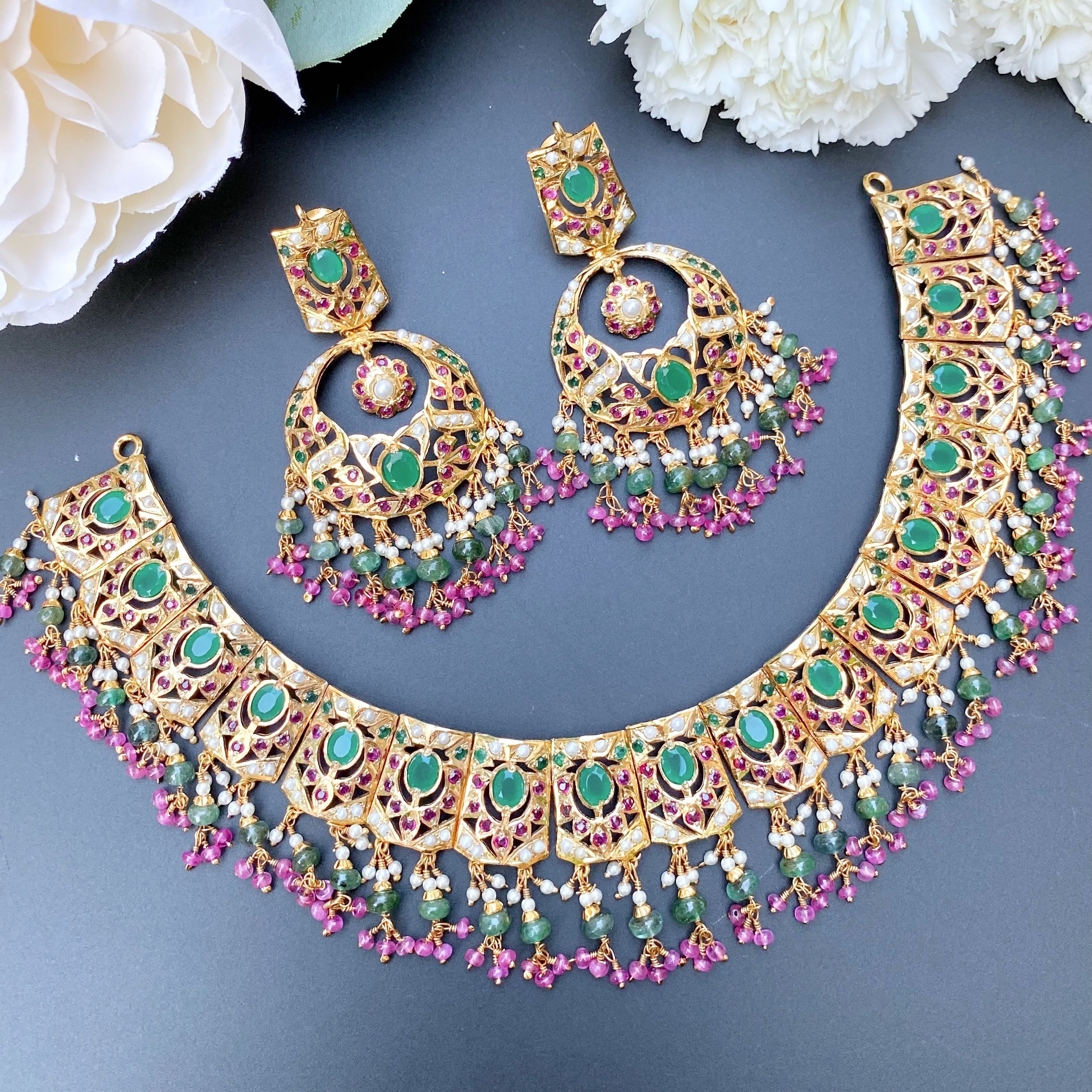 jadau necklace set with chandbali earrings gold plated silver