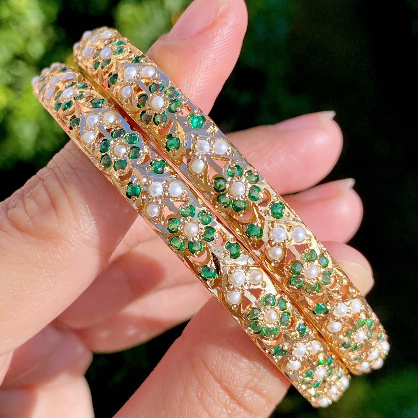 Classic Emerald Pearl Jadau Bangles | Gold Plated Silver Bangles BG 167