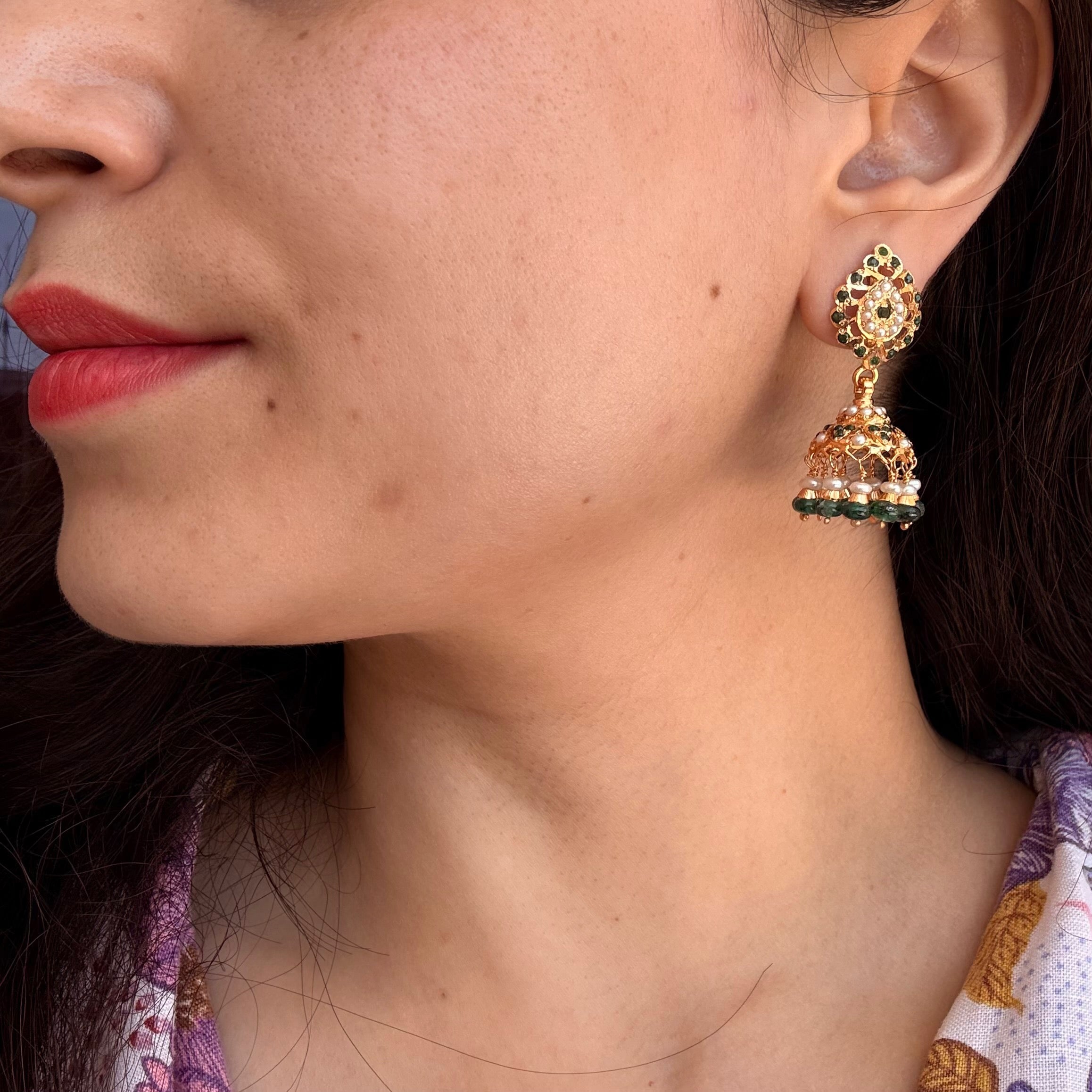 Emerald Pearl Paisley Jhumka Earrings | Gold Plated on Silver ER 730