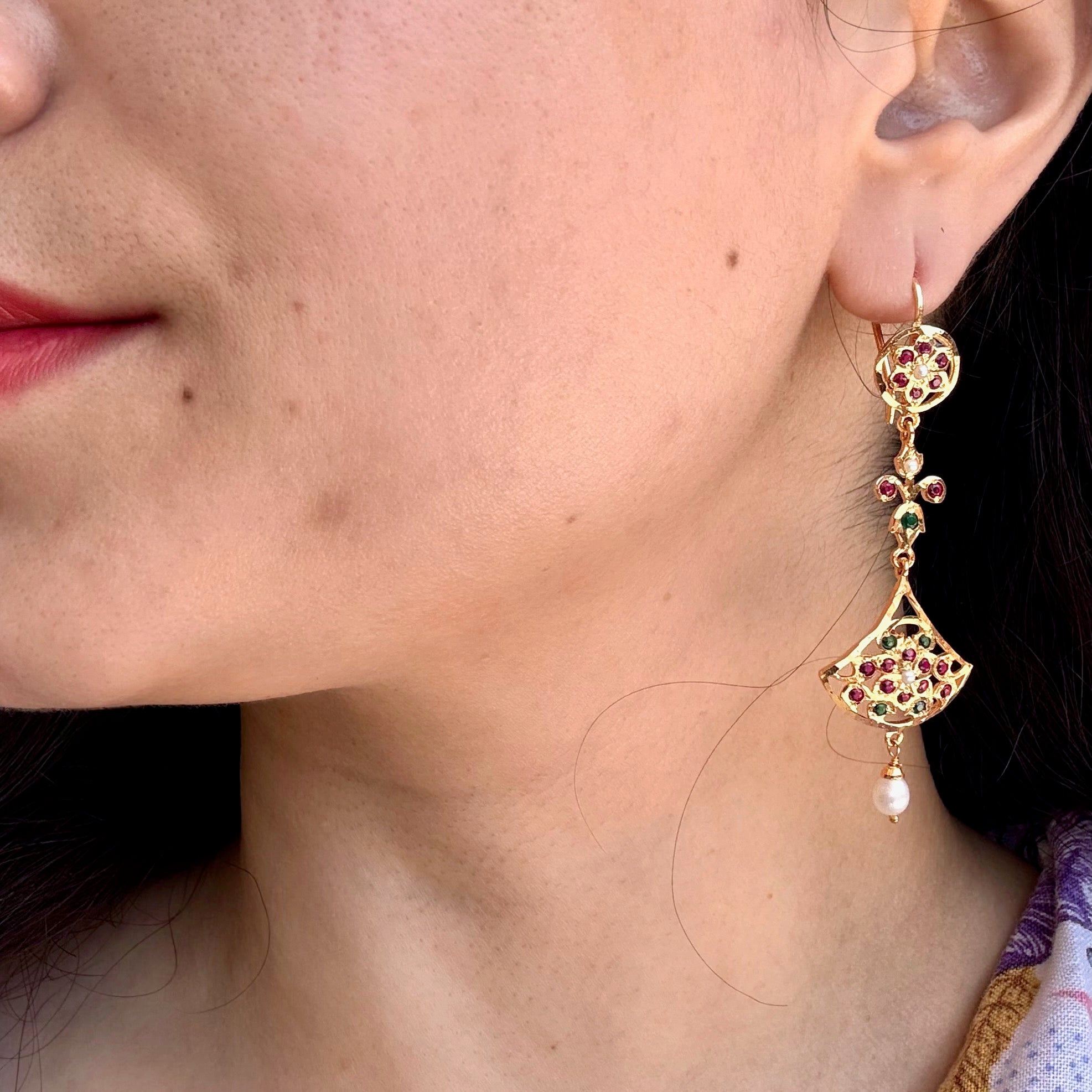 Product Title Ruby Emerald Fan Jadau Drop Earrings | Gold Plated Silver ER 728