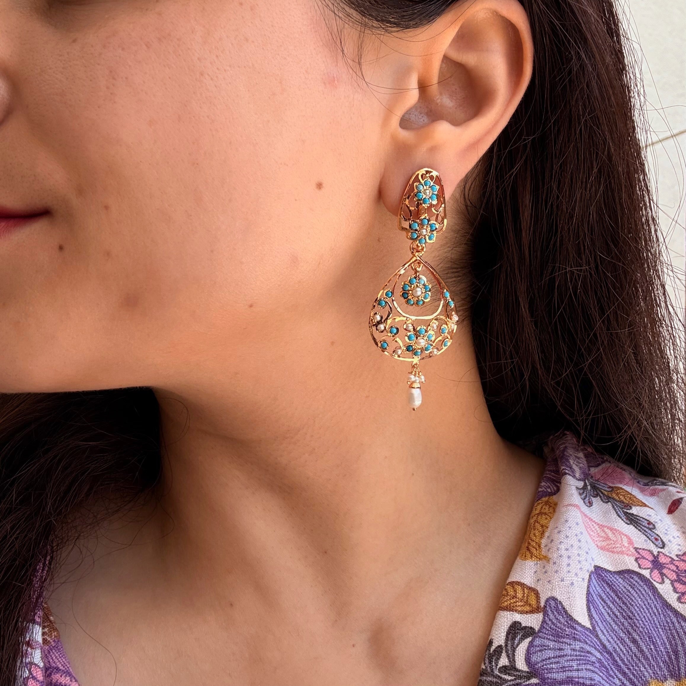 Feroza Pearl Openwork Jadau Earrings | Indo Western Chandbali Earrings | Gold Plated on Silver ER 732