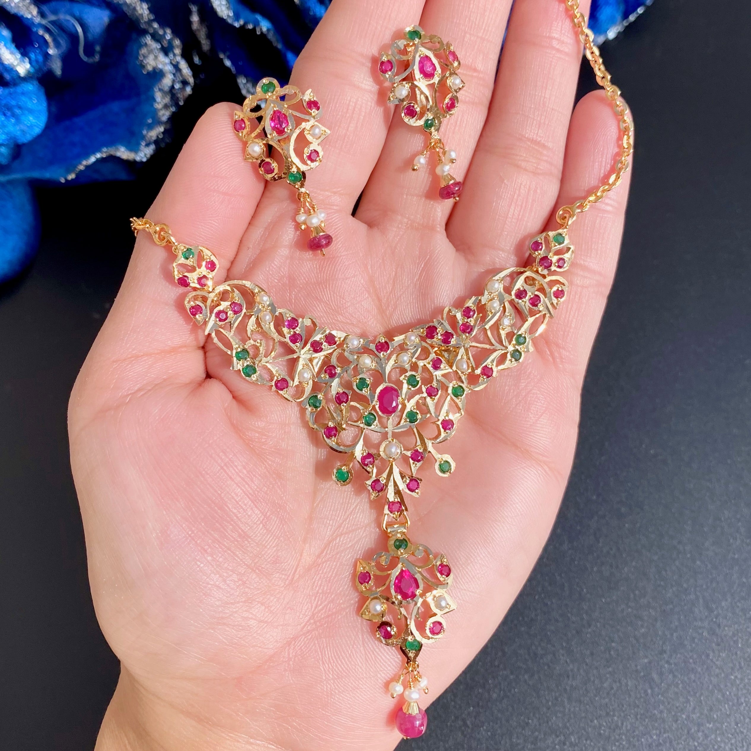 Antique Styled Jadau Chain Necklace Set | Gold Plated on 925 Silver  NS 443