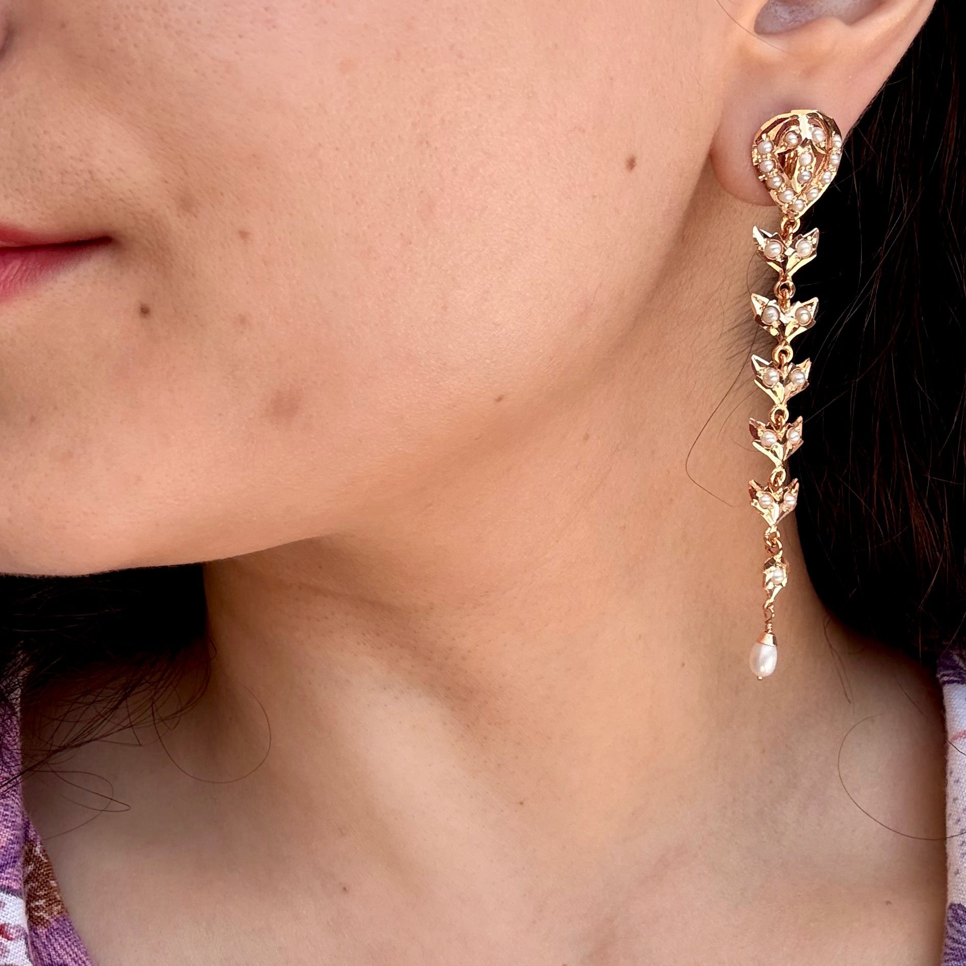 Long Flowing Slender Pearl Earrings | Gold Plated on Sterling Silver ER 726