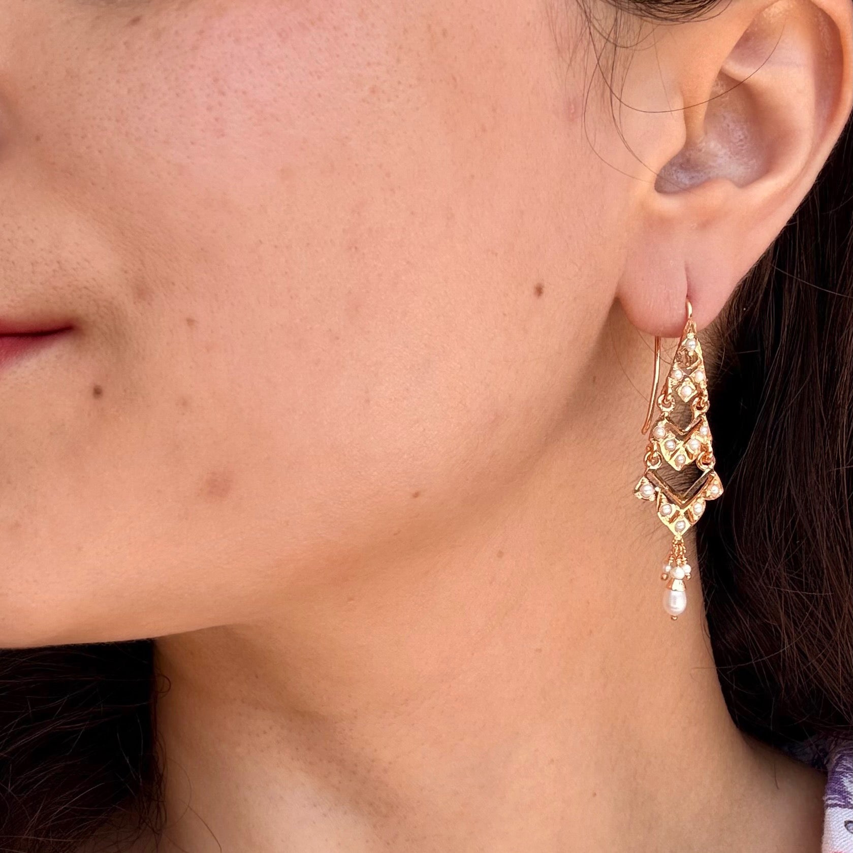 Pearl Geometric Jadau Drop Earrings | 925 Silver Gold Plated ER 725