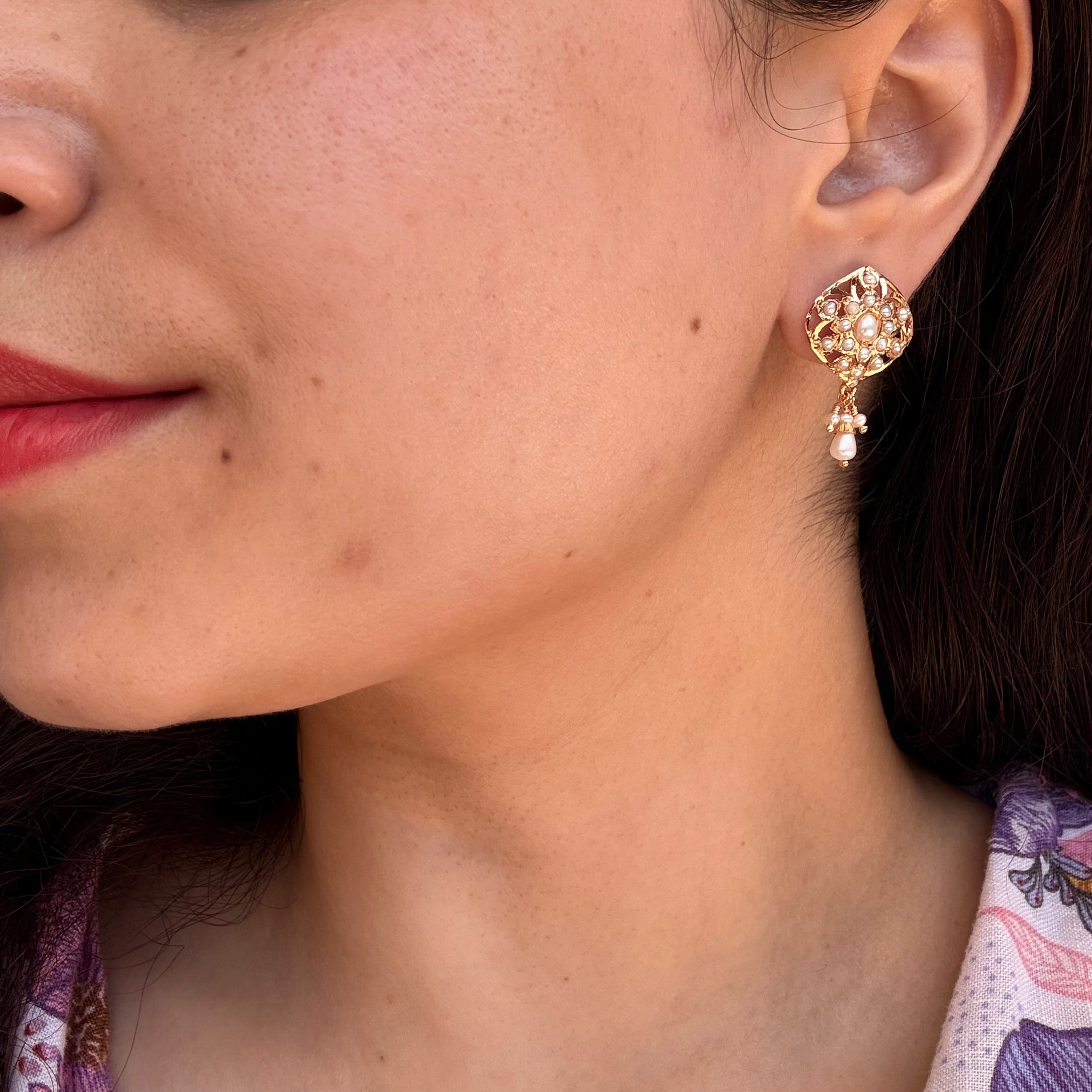 Pearl Floral Jadau Stud Earrings | Gold Plated on Silver ER 738