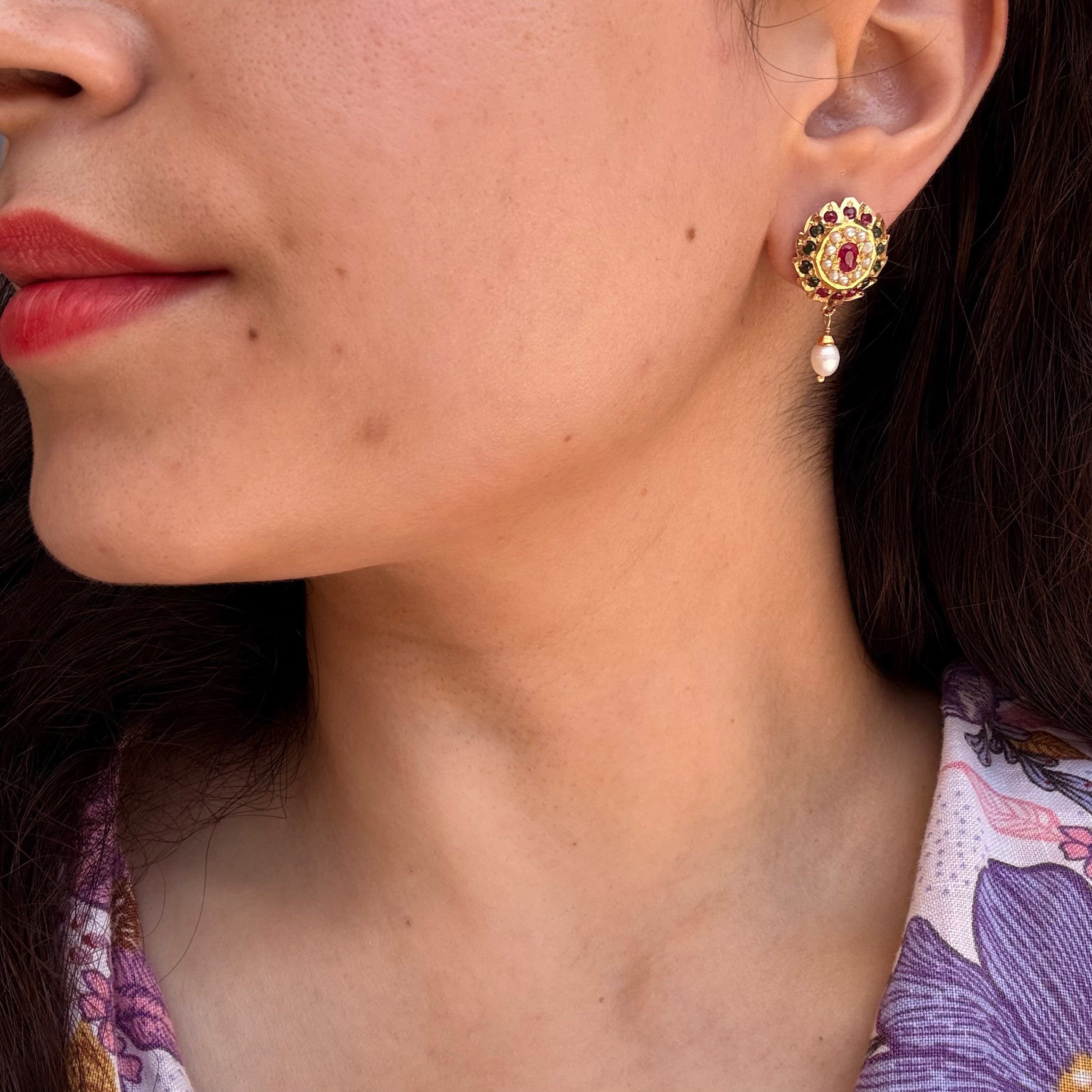 Ruby Emerald Pearl Jadau Stud Earrings | Gold Plated on Silver ER 735