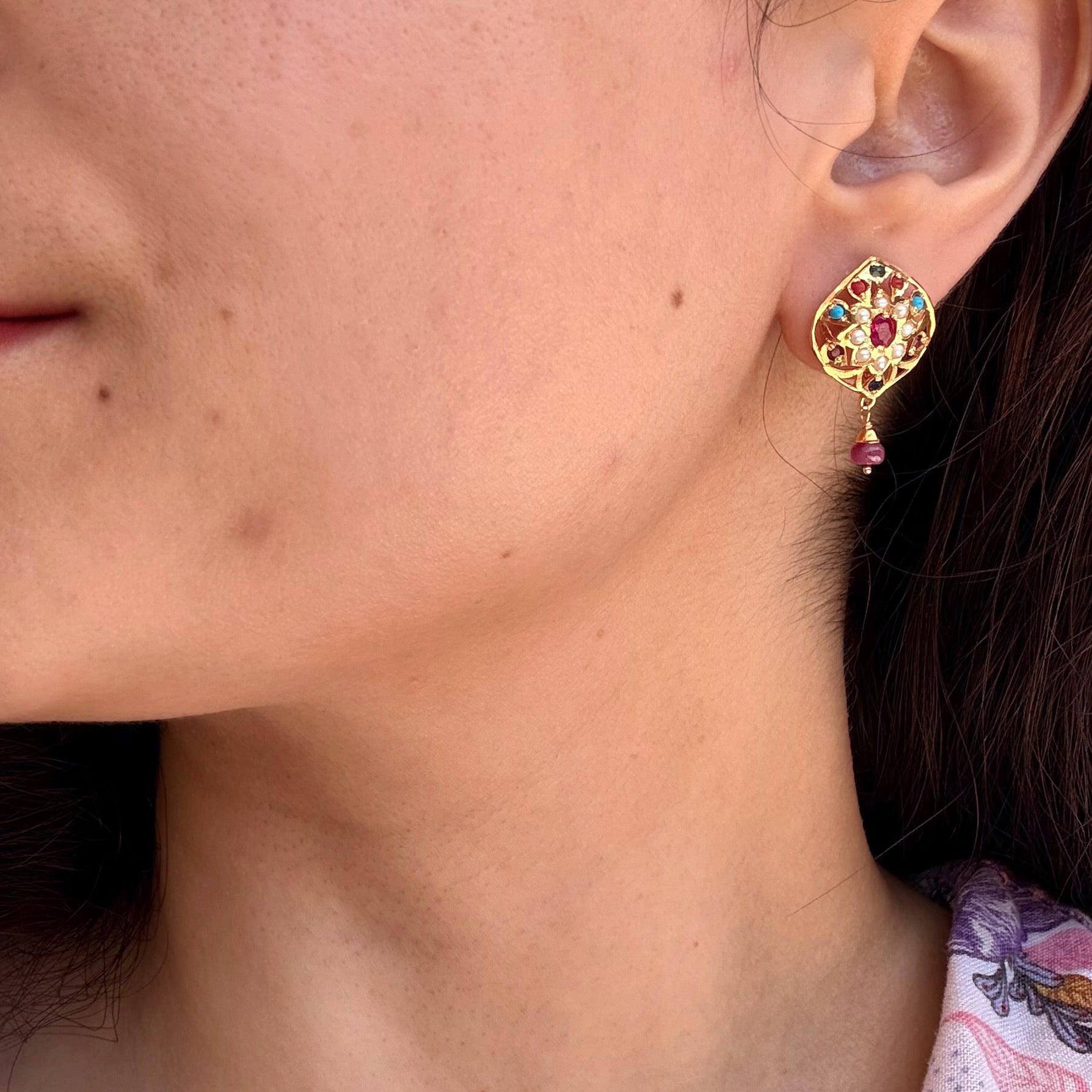 Cute Jadau Stud in Navratna Combination | Gold Plated on Silver ER 734