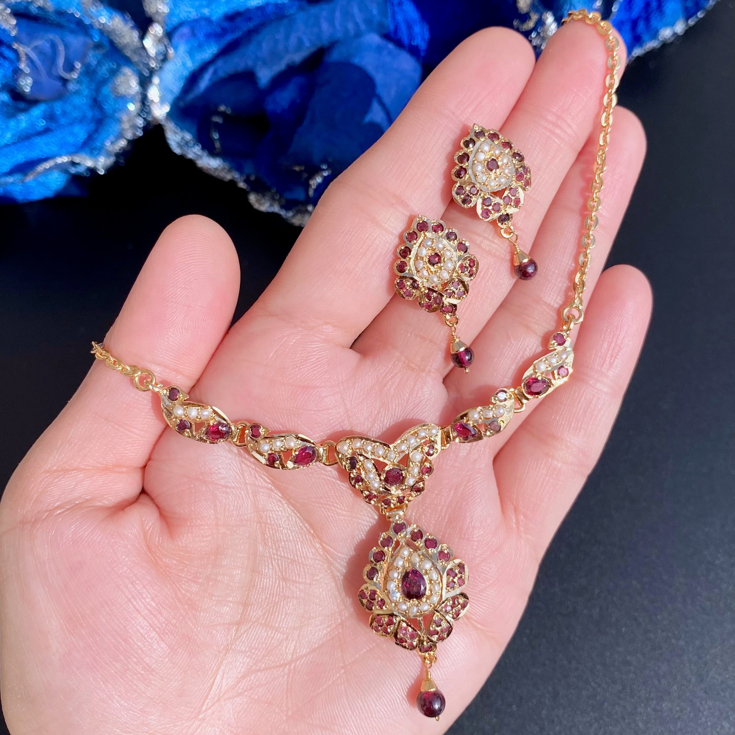 Cute Garnet Chain Necklace Set | Gold Plated on 925 Silver NS 442