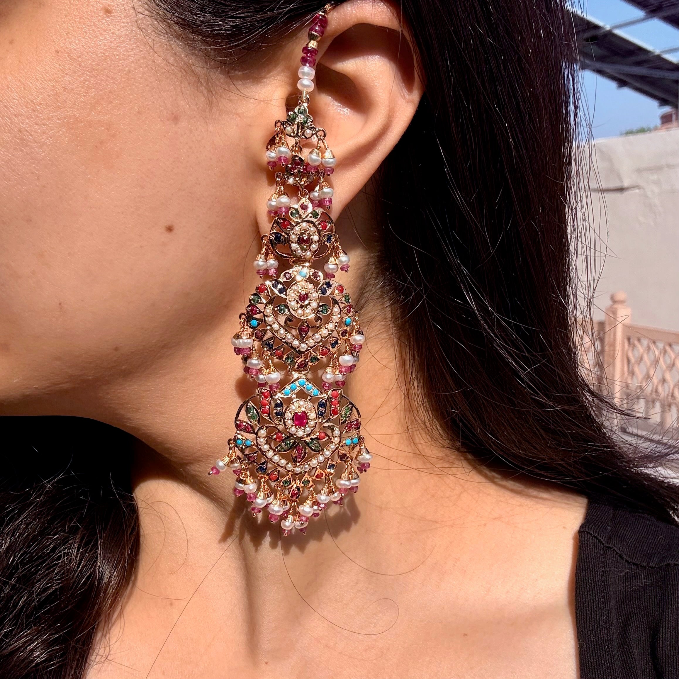 Grand Punjabi Jadau Navratna Earrings | Gold Plated on Silver ER 717