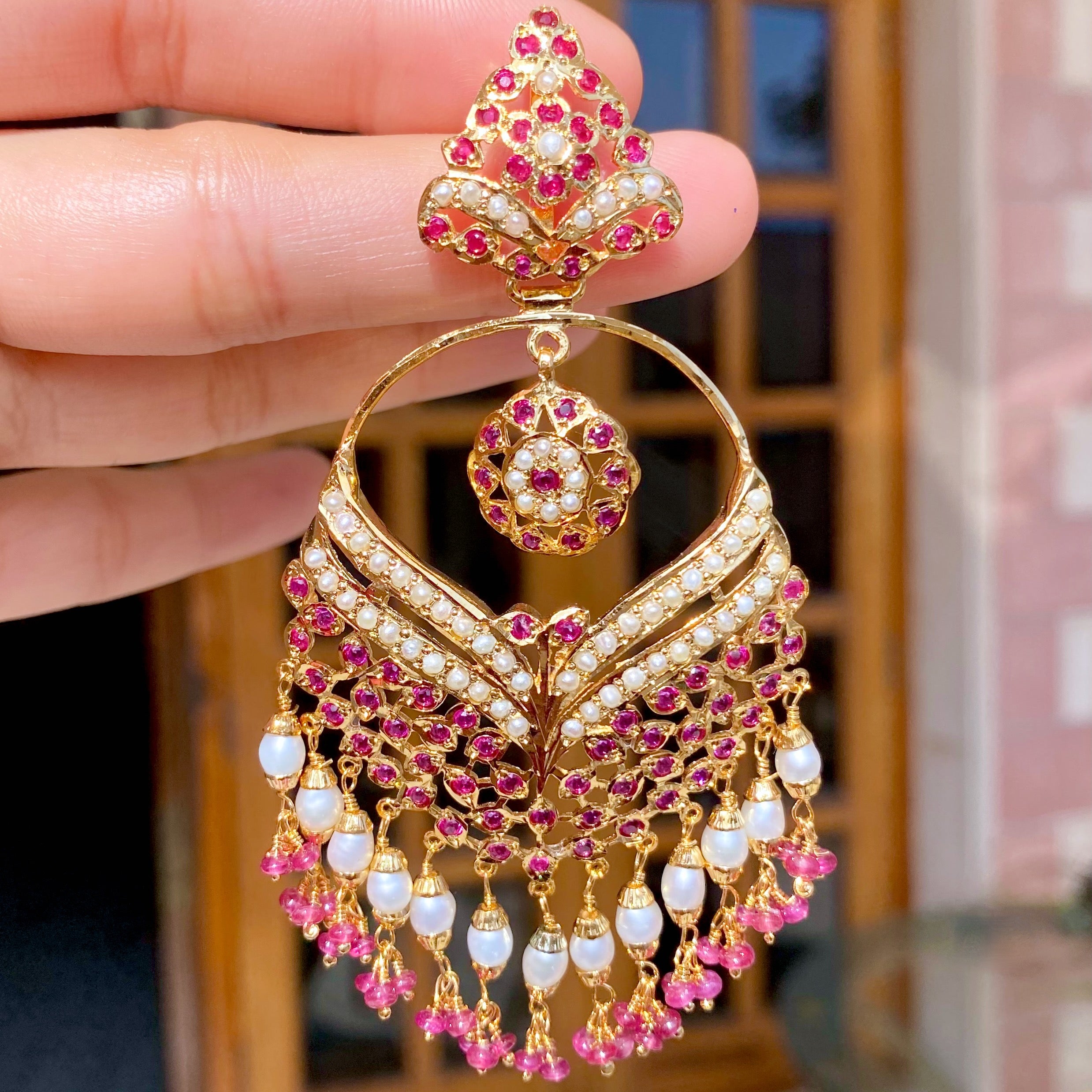 Ruby and Pearl Earrings | Traditional Chandbalis | Mughal Jewellery | ER 590