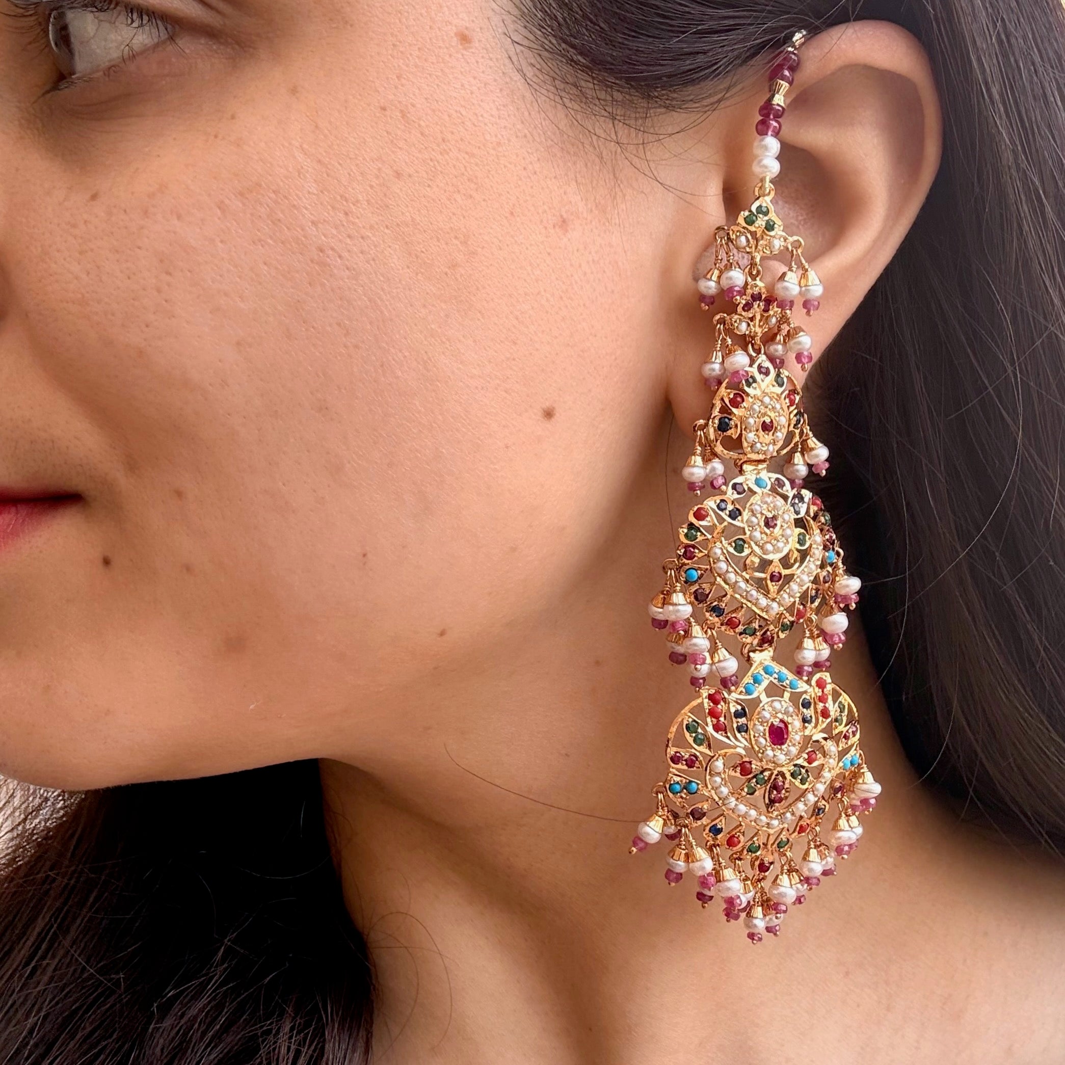 Grand Punjabi Jadau Navratna Earrings | Gold Plated on Silver ER 717