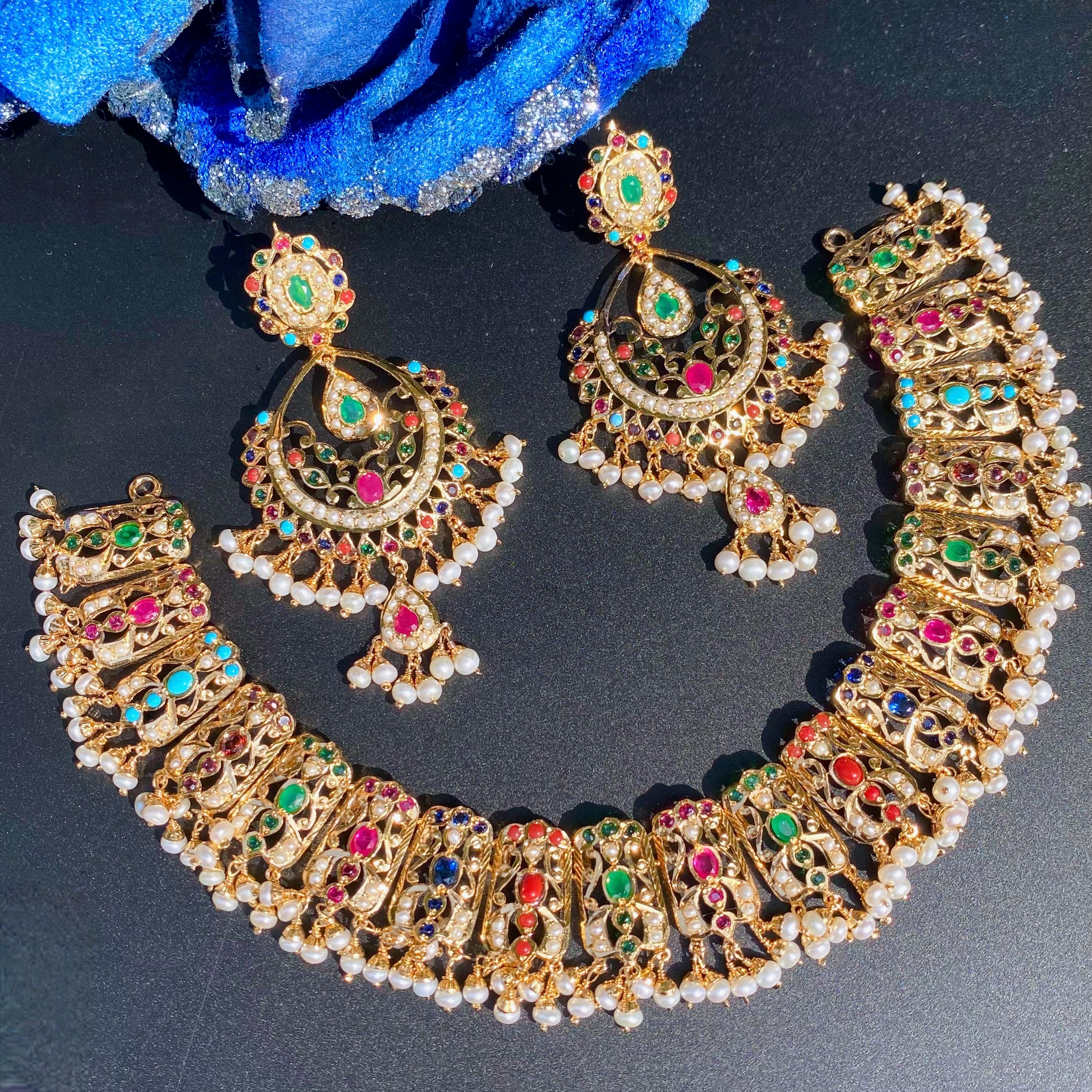 Navratna Jadau Necklace Set | Bridal Jewellery | Handcrafted Silver Jewelry | NS 493