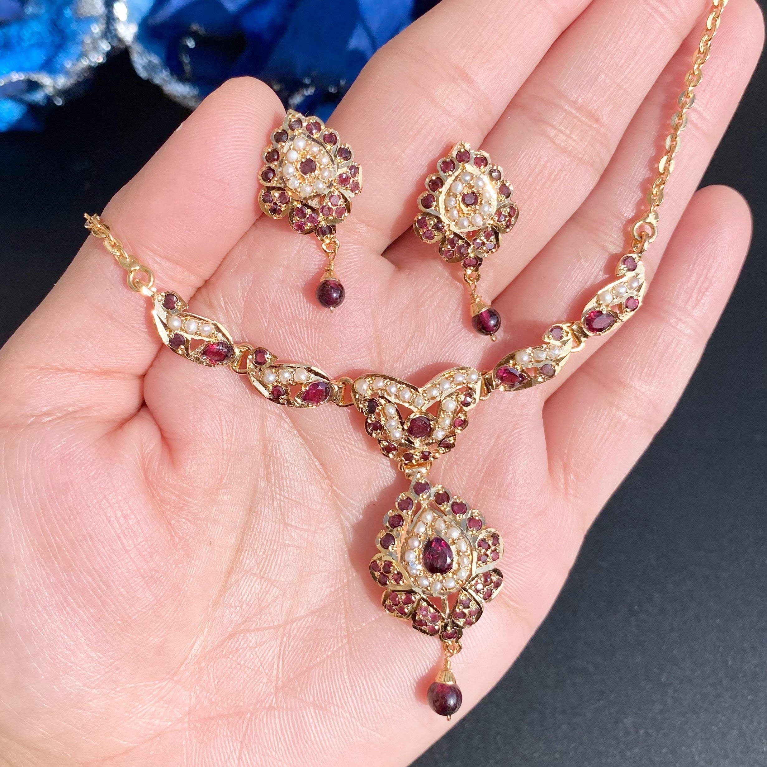 Cute Garnet Chain Necklace Set | Gold Plated on 925 Silver NS 442