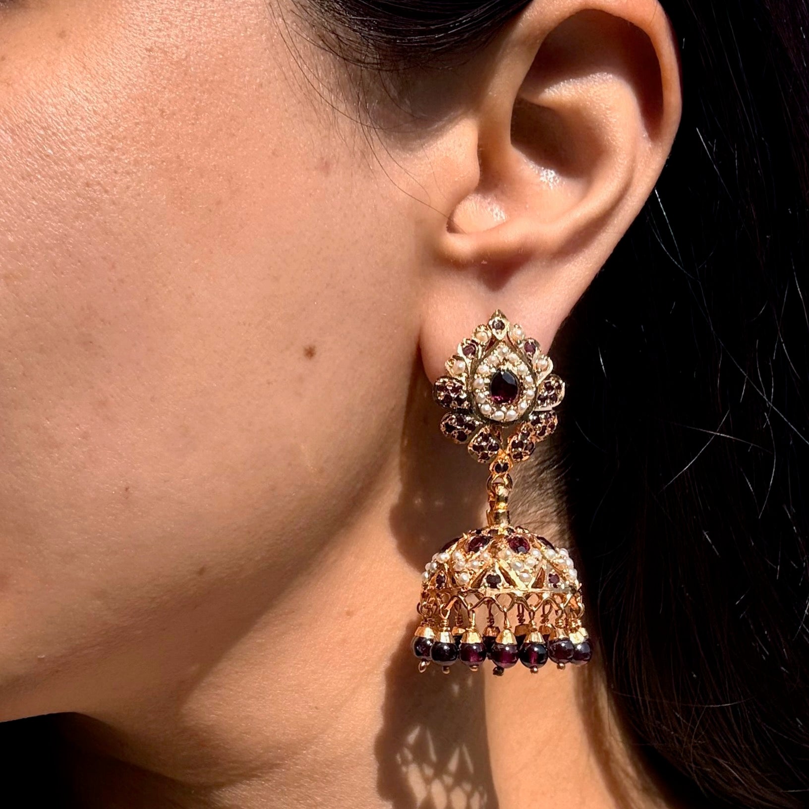 Pearl & Garnet Jhumka Earrings | Gold Plated Luxury Jadau on Silver Base ER 677