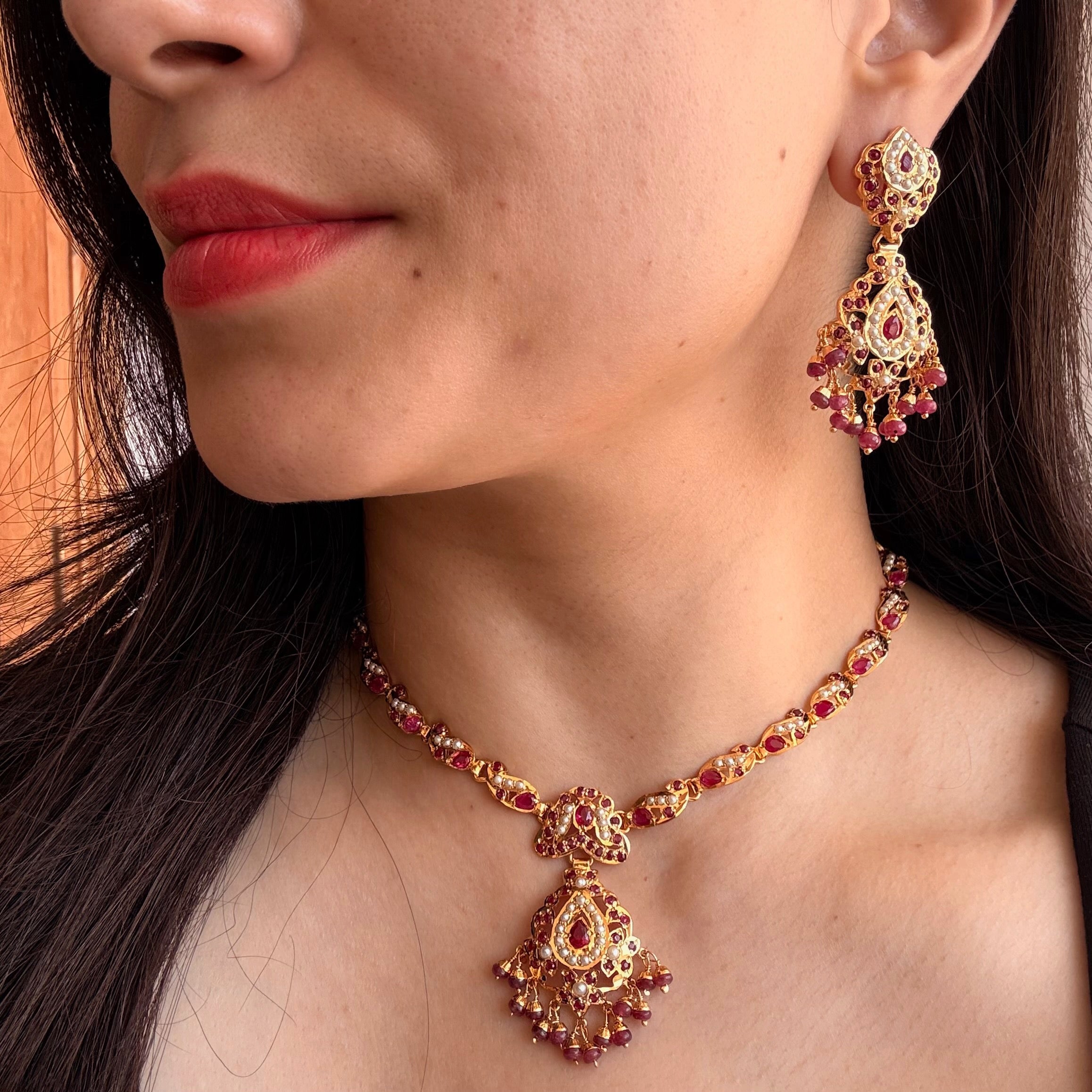 Ruby Pearl Jadau Necklace Set with Matching Earrings | Gold Plated Silver NS 471