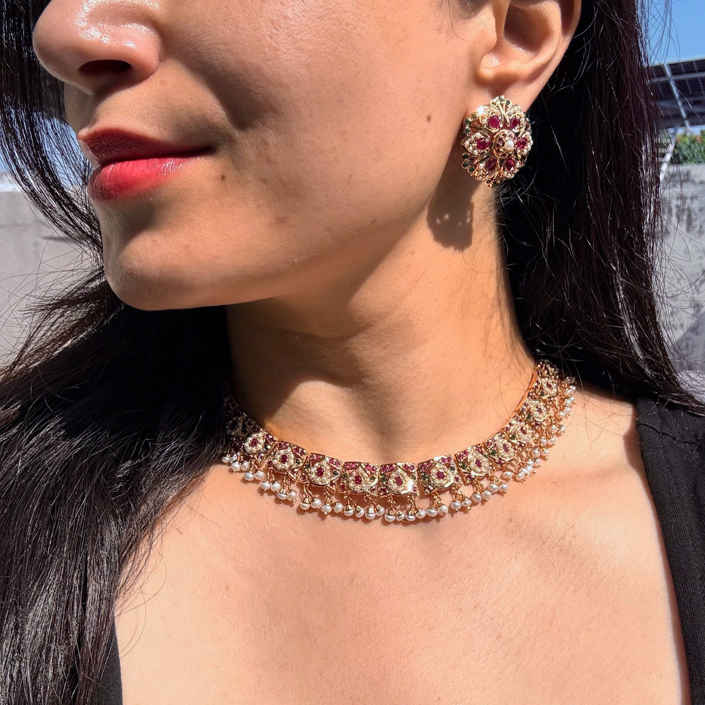 Ruby Pearl Jadau Necklace Set with Floral Stud Earrings | Gold Plated Silver NS 474