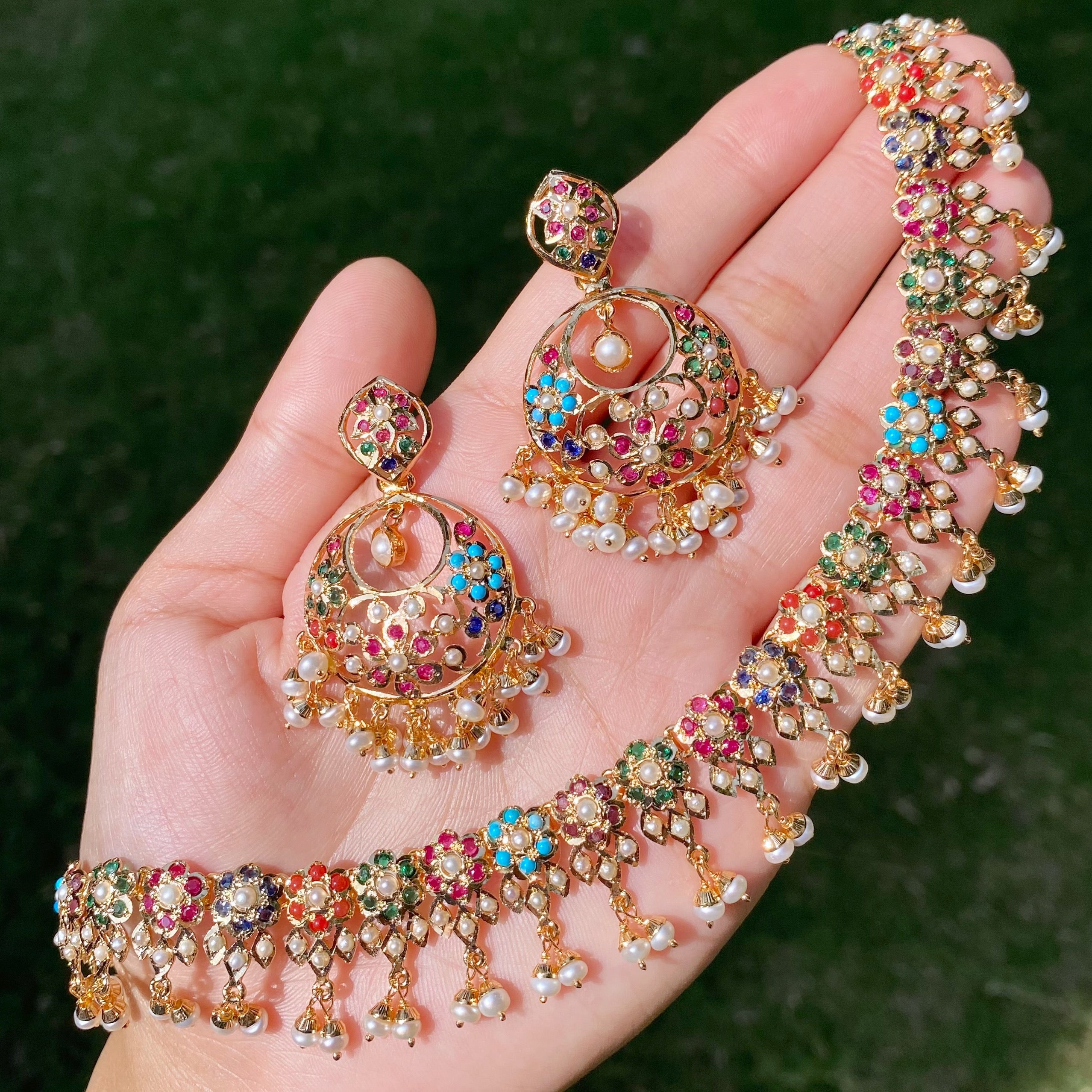 Sleek Navratna Guluband Necklace with Chandbali Earrings  | NS 490