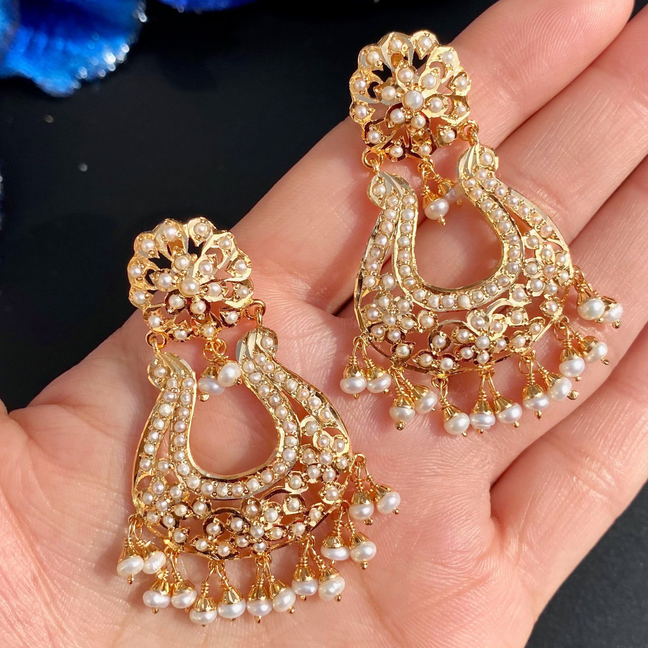 Fine Jadau Pearl Chandbali Earrings | Gold Plated on 925 Silver | Real Freshwater Pearls ER 640