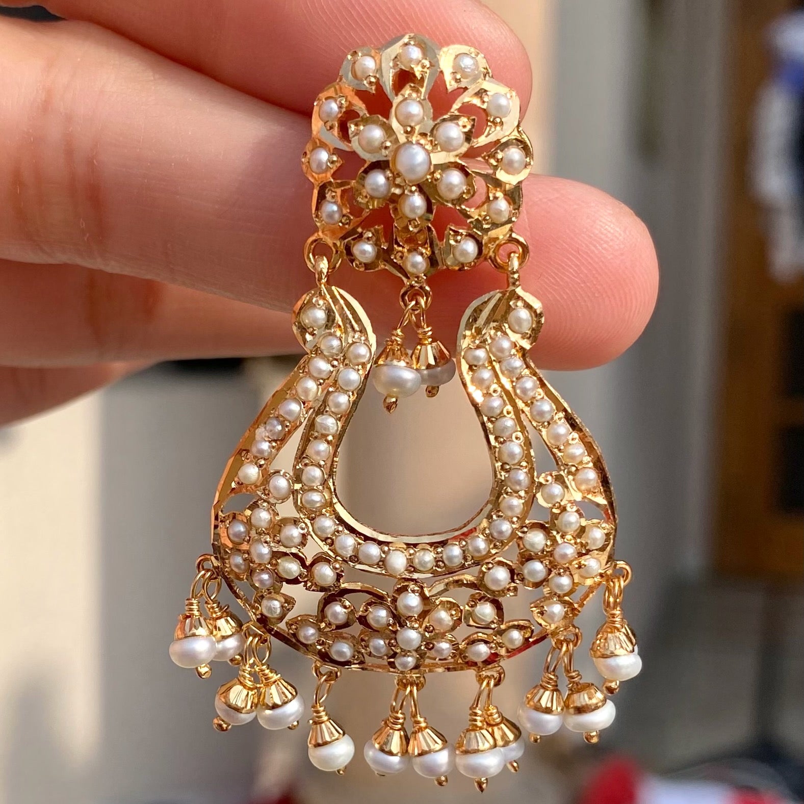 Fine Jadau Pearl Chandbali Earrings | Gold Plated on 925 Silver | Real Freshwater Pearls ER 640