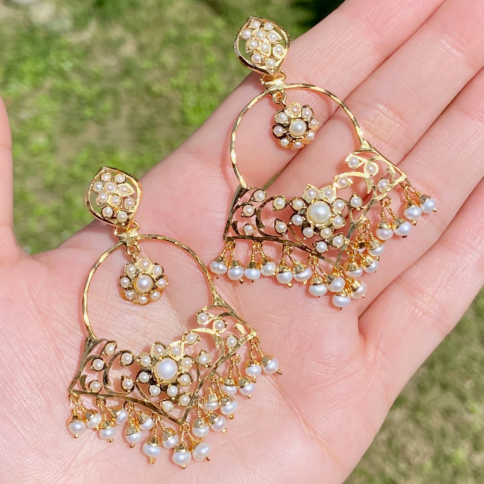 Jadau Earrings on 925 Silver | Gold Plated | Real Freshwater Pearls ER 647