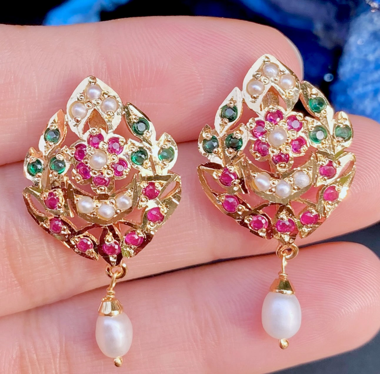 Ruby Emerald Pearl Studs | Gold Plated Jadau Earrings ER 672