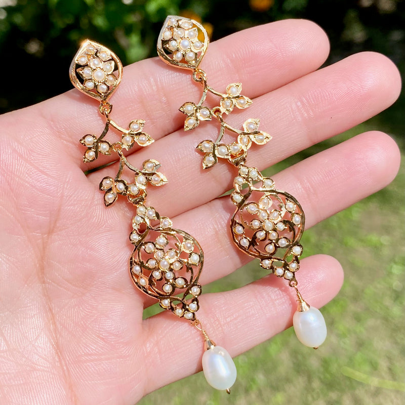 Tall Slender Pearl Earrings | Gold Plated on Silver | Lightweight Danglers in Delicate Design ER 652