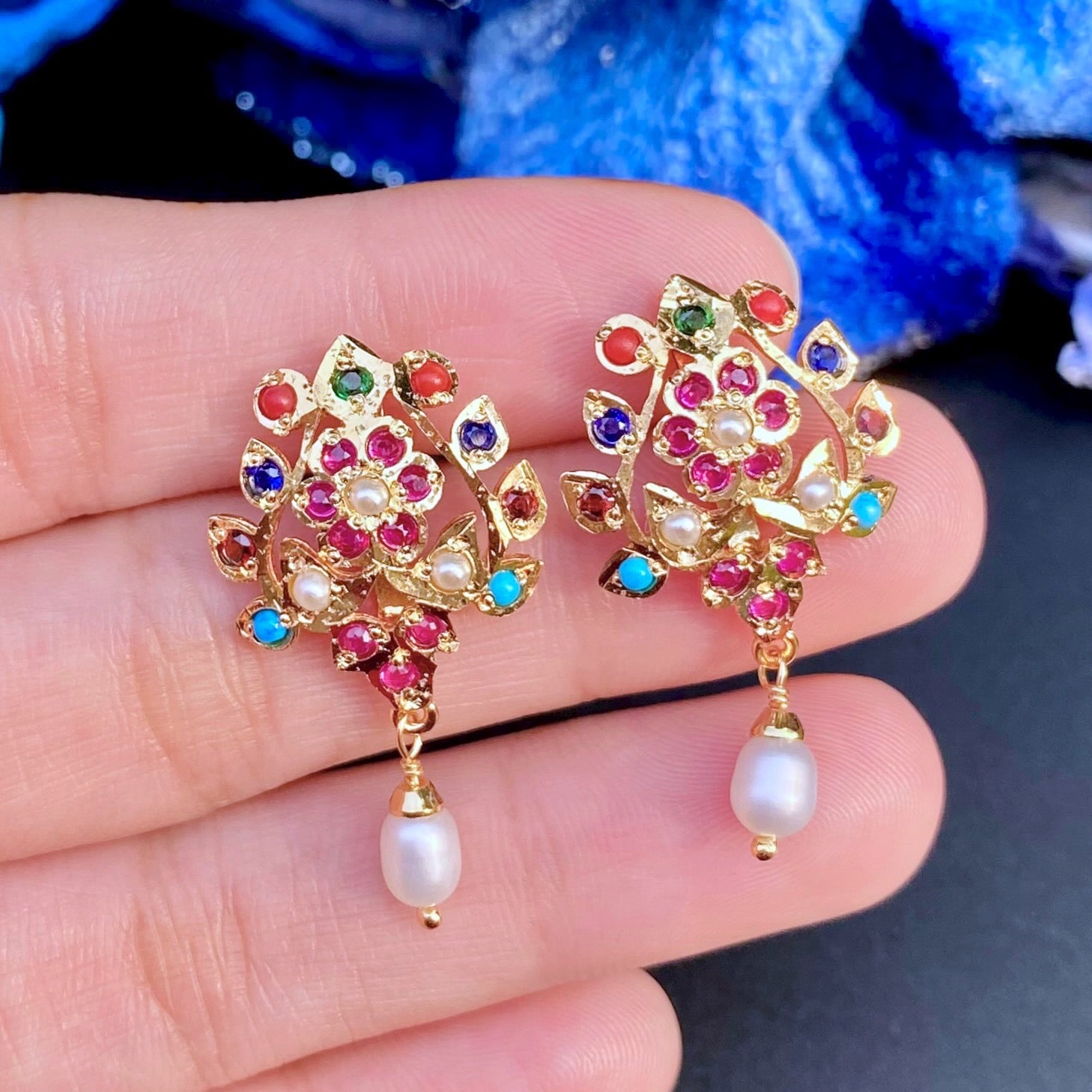 Gold Plated Navratna Earrings | Jadau Studs on Sterling Silver ER 671