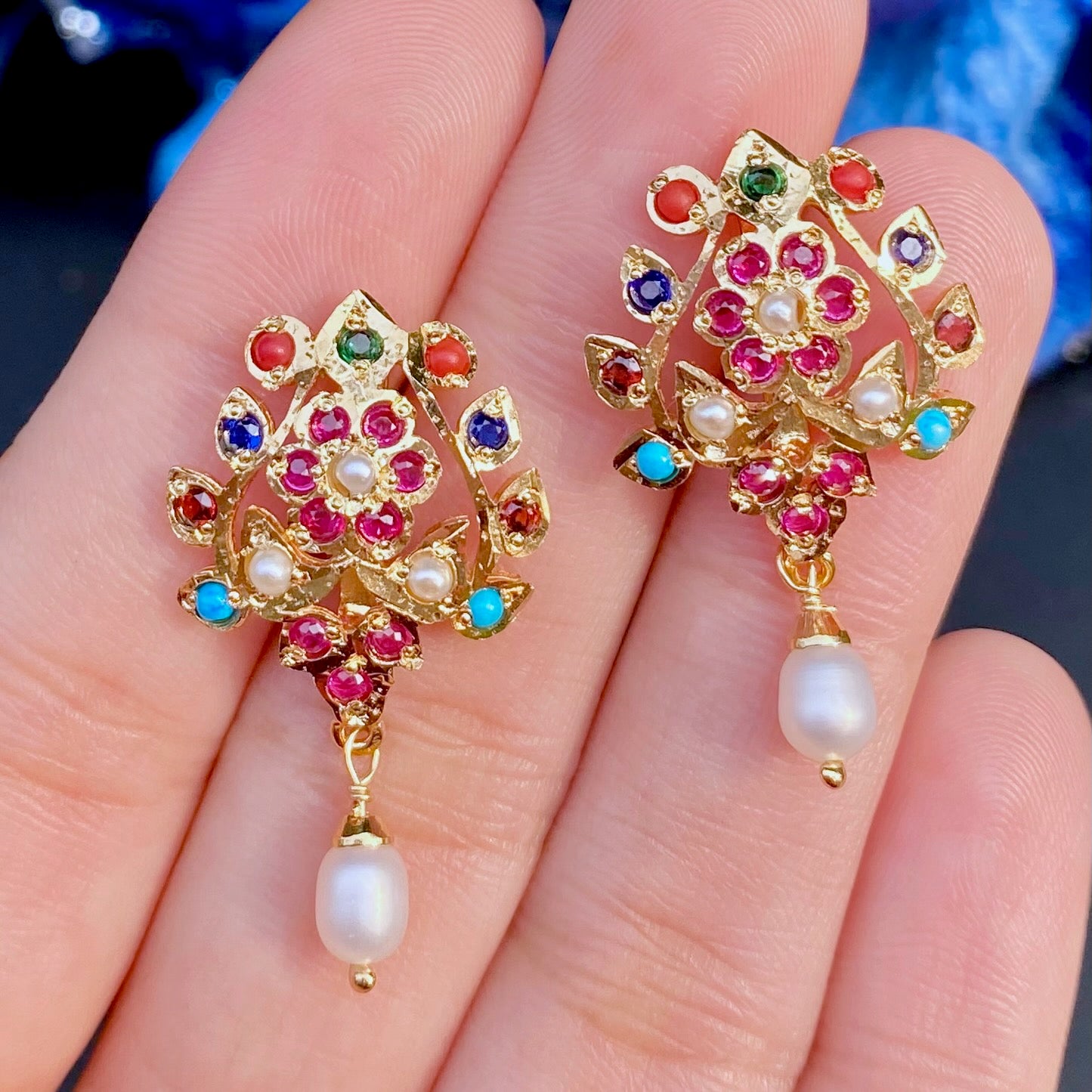 Gold Plated Navratna Earrings | Jadau Studs on Sterling Silver ER 671