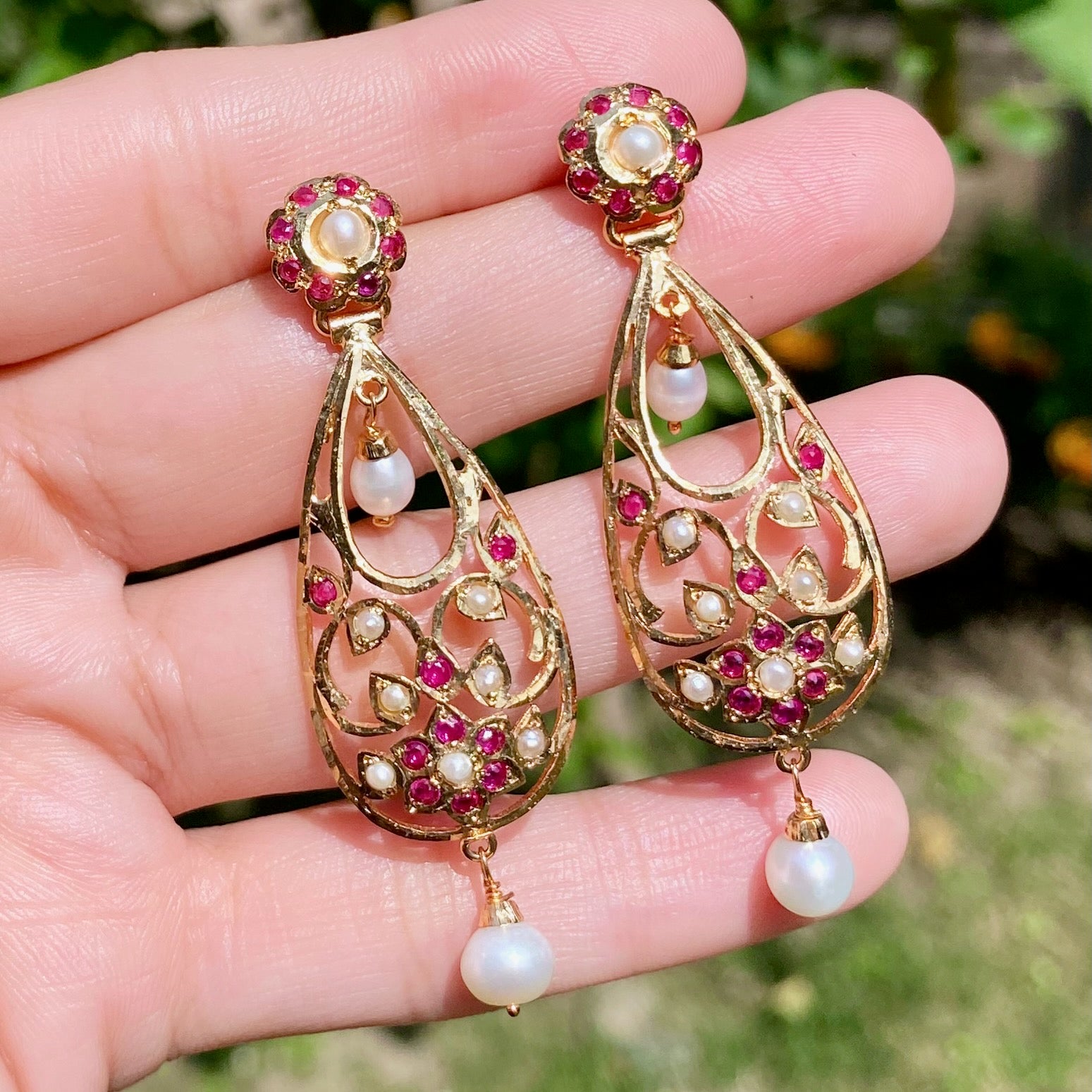 Cute Indo Western Jadau Earrings | Gold Plated on Silver | Ruby Peral Comnbination ER 653