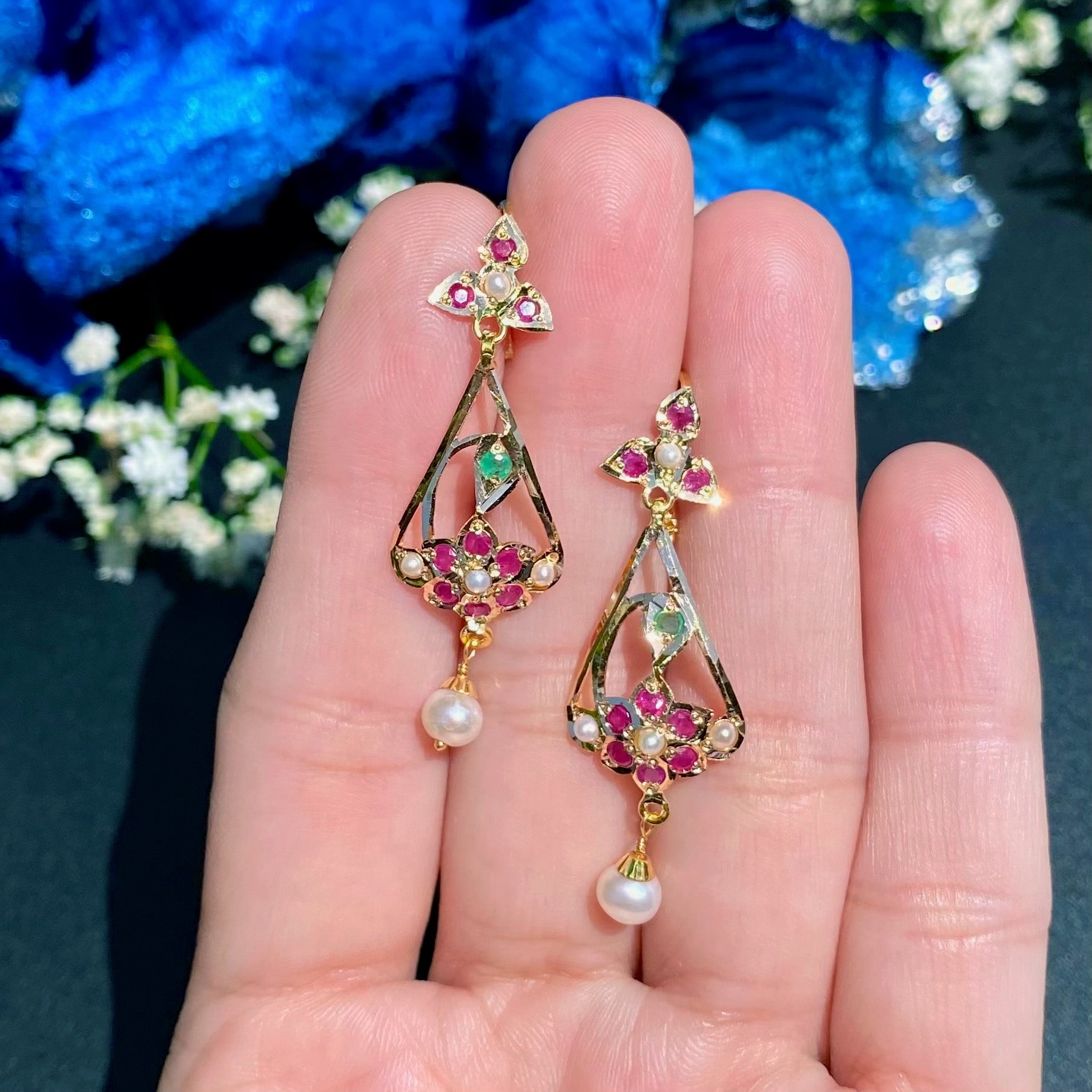 Dainty Gold Earrings Studded with Pearls Rubies and Emeralds | Lightweight Earrings on 22k GoldGER 112