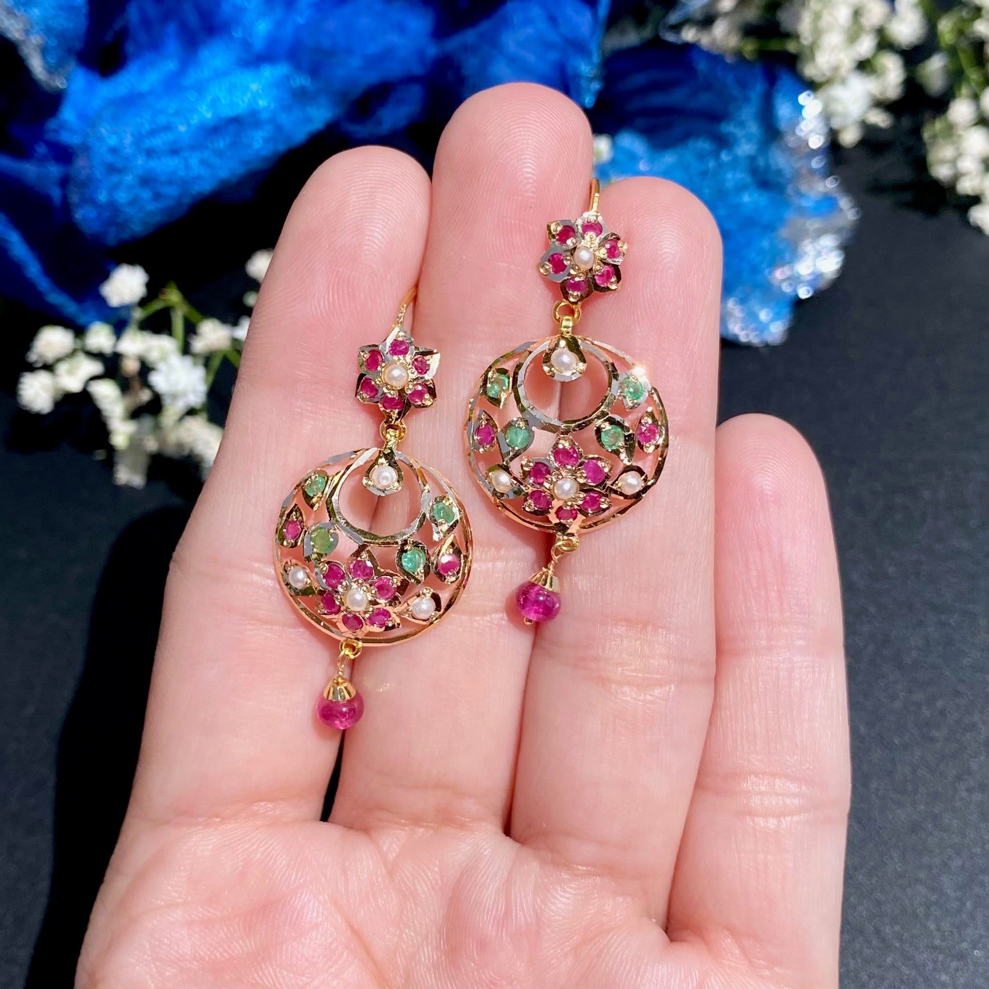 Delicate Jadau Chandbali on 22k Gold | Fishhook Closure | Real Rubies and Emeralds GER 114