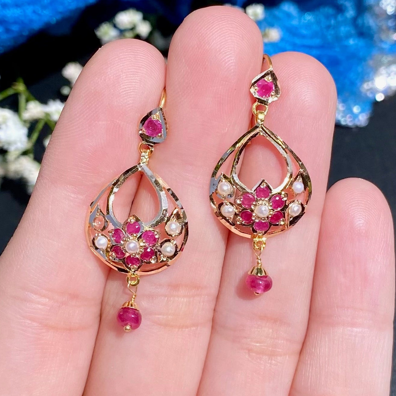 Dainty Drop Shaped Jadau Earrings on 22k Gold | Fishhook Closure | Real Rubies and Pearls Studded GER 118