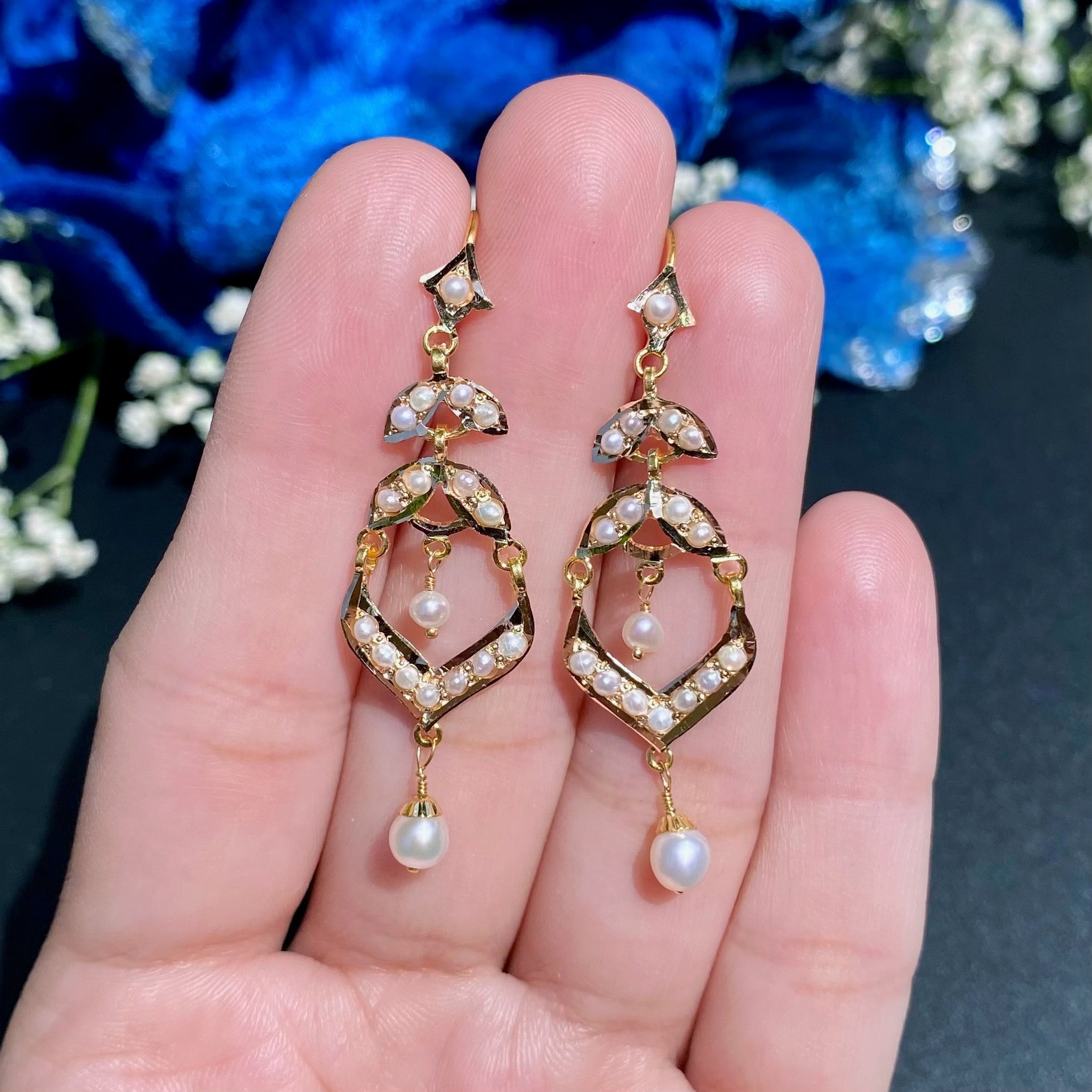 Gold and Pearl Danglers for Girls | 22k Hallmark Gold GER 113